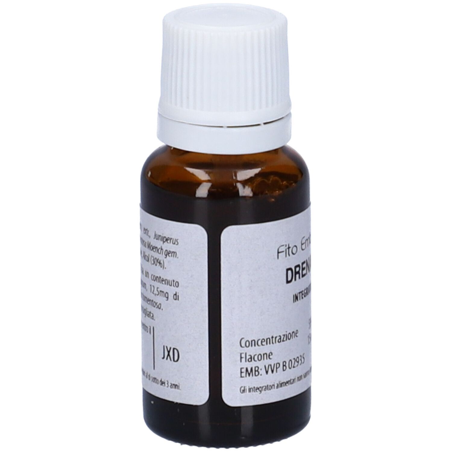 Flacone di vetro marrone con tappo bianco. Scritta: Fito Embryo Estratti, Drenaggio fee, 15ml, 5%.