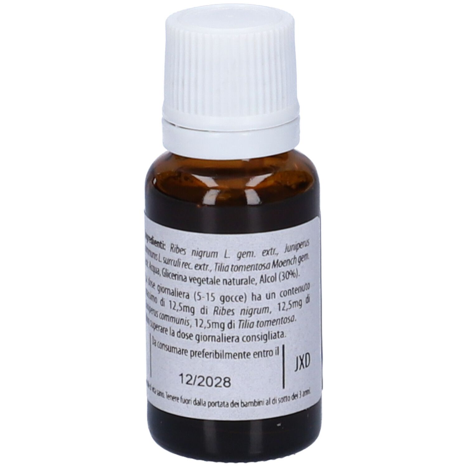 Flacone di vetro marrone con tappo bianco. Scritta: Fito Embryo Estratti, Drenaggio fee, 15ml, 5%.