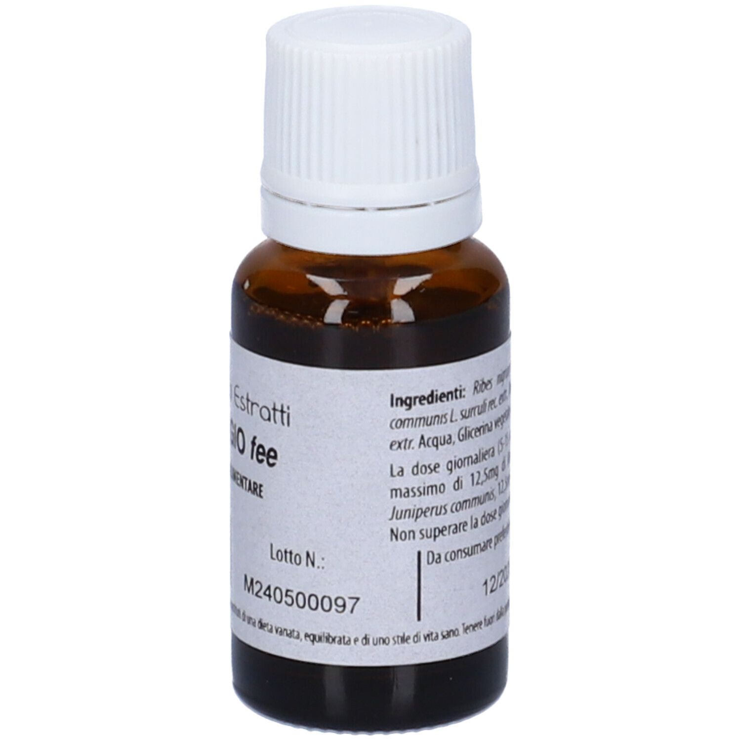 Flacone di vetro marrone con tappo bianco. Scritta: Fito Embryo Estratti, Drenaggio fee, 15ml, 5%.