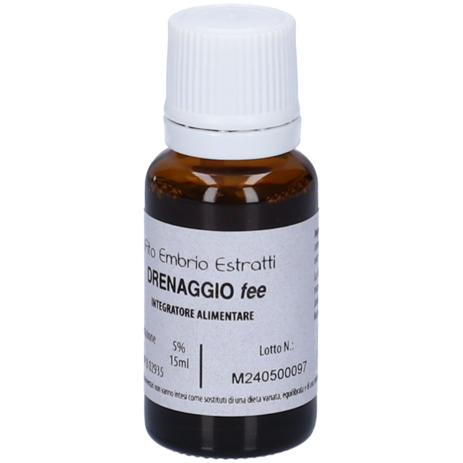 Flacone di vetro marrone con tappo bianco. Scritta: Fito Embryo Estratti, Drenaggio fee, 15ml, 5%.