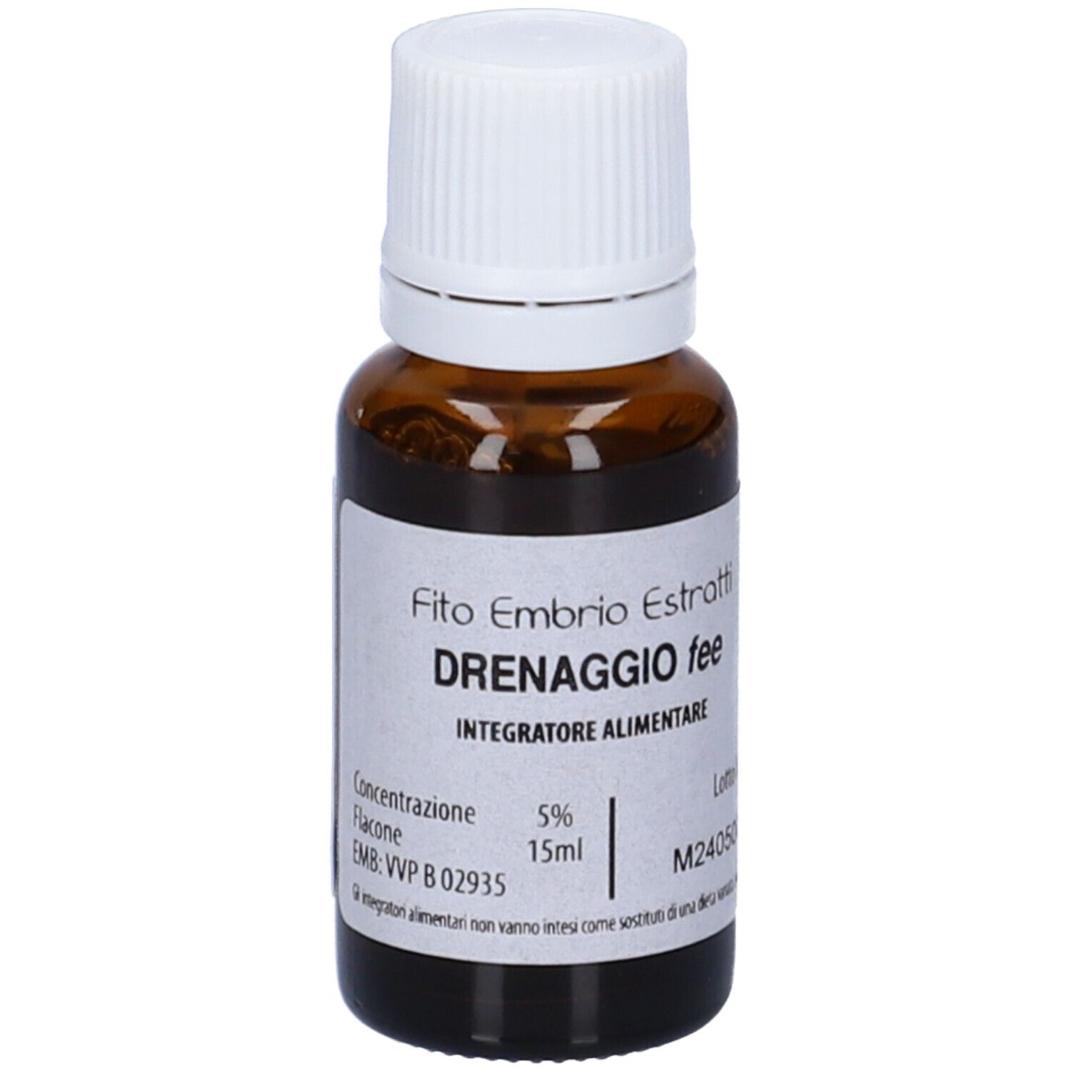 Flacone di vetro marrone con tappo bianco. Scritta: Fito Embryo Estratti, Drenaggio fee, 15ml, 5%.