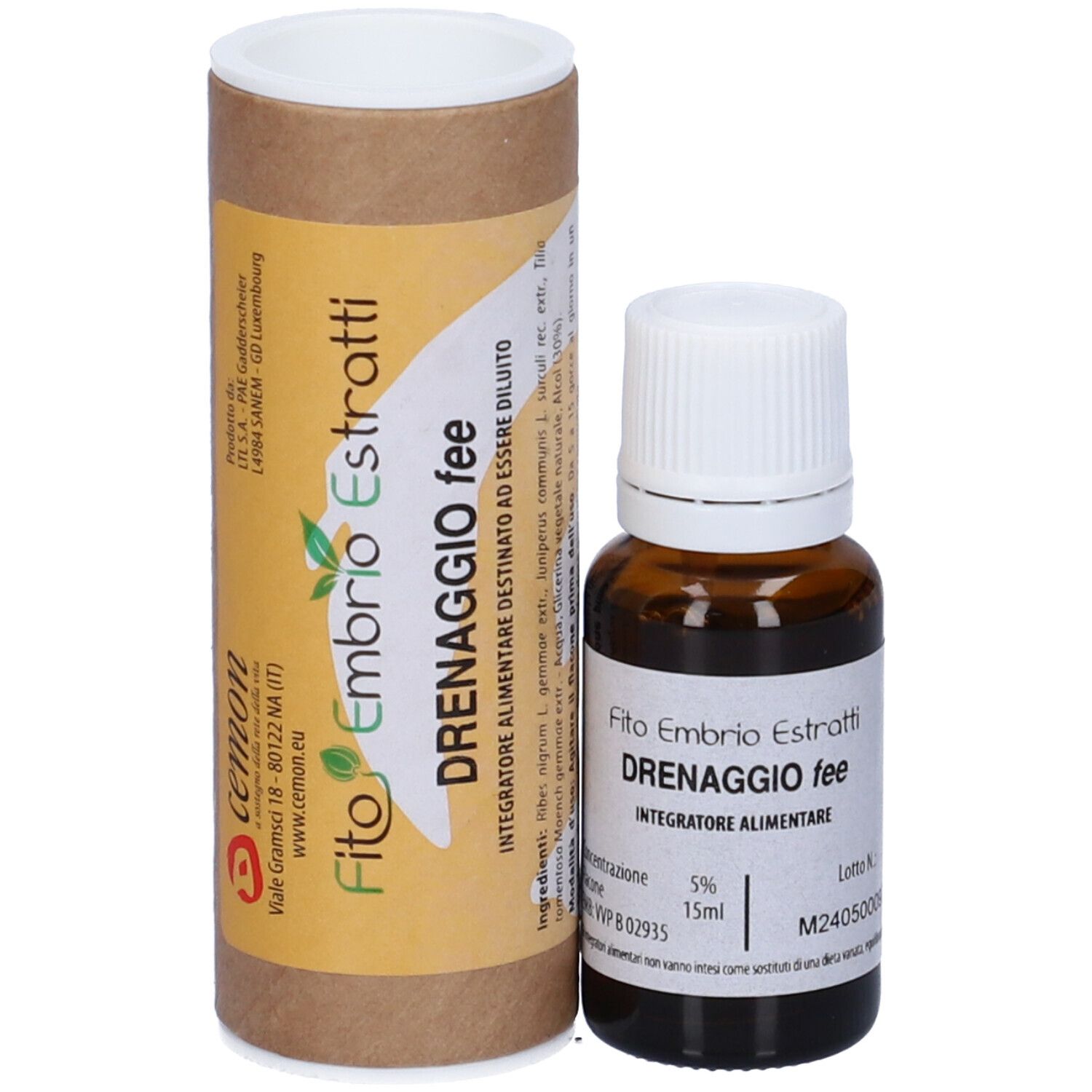 Flacone di vetro marrone con tappo bianco e tubo di cartone marrone. Scritta: Fito Embryo Estratti, Drenaggio fee.