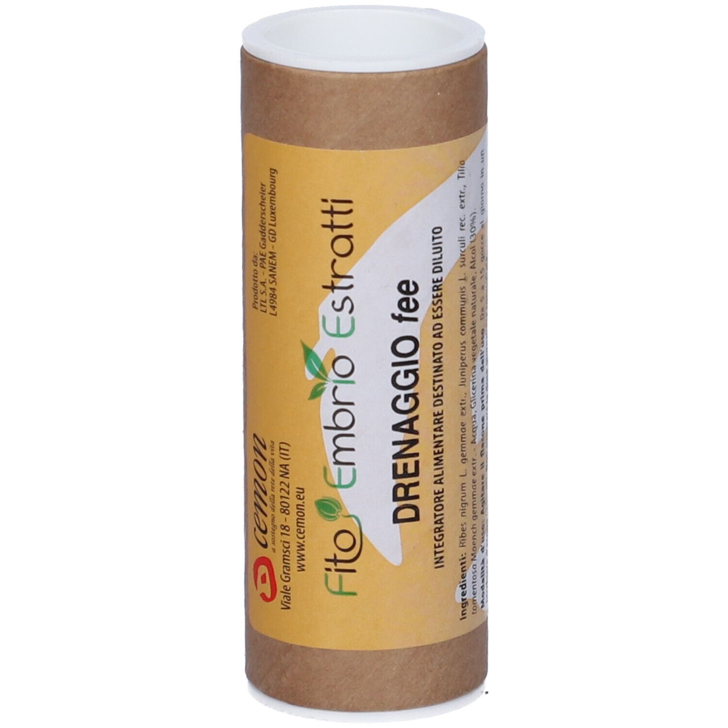 Tubo di cartone marrone con scritta: Fito Embryo Estratti, Drenaggio fee.