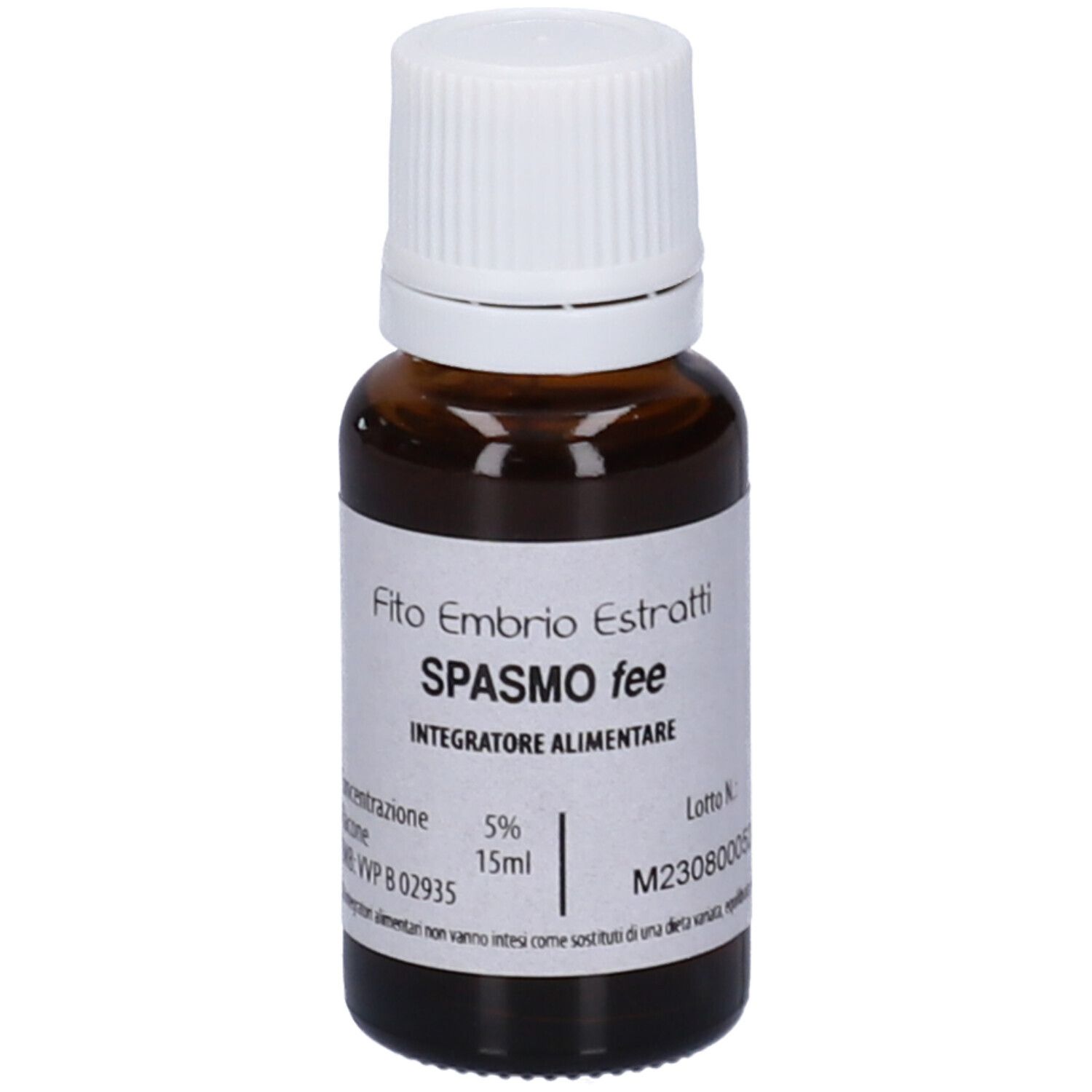 Flacone di vetro marrone con tappo bianco. Scritta: Fito Embryo Estratti, Spasmo fee, 15ml, 5%.