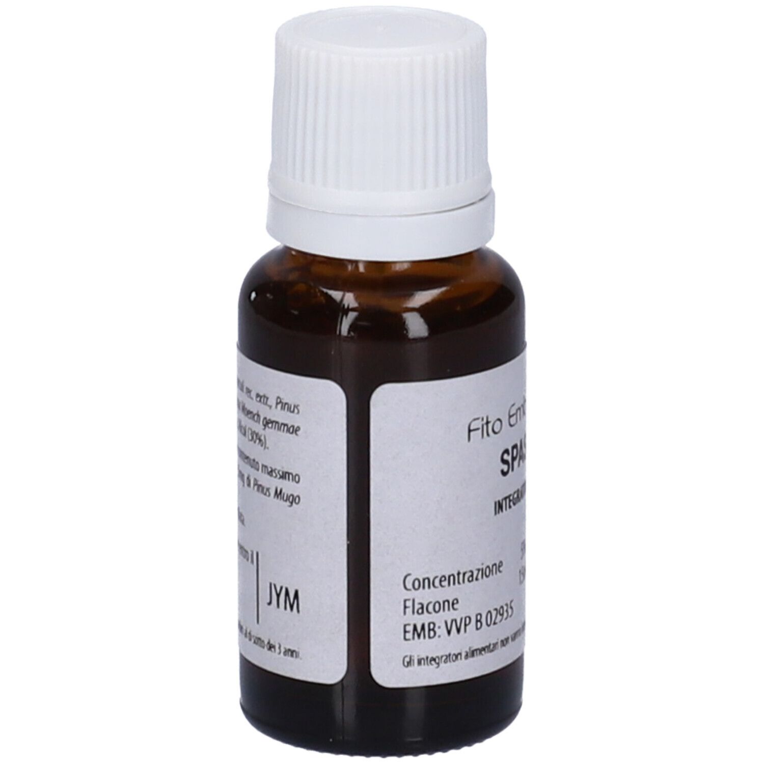 Flacone di vetro marrone con tappo bianco. Scritta: Fito Embryo Estratti, Spasmo fee, 15ml, 5%.