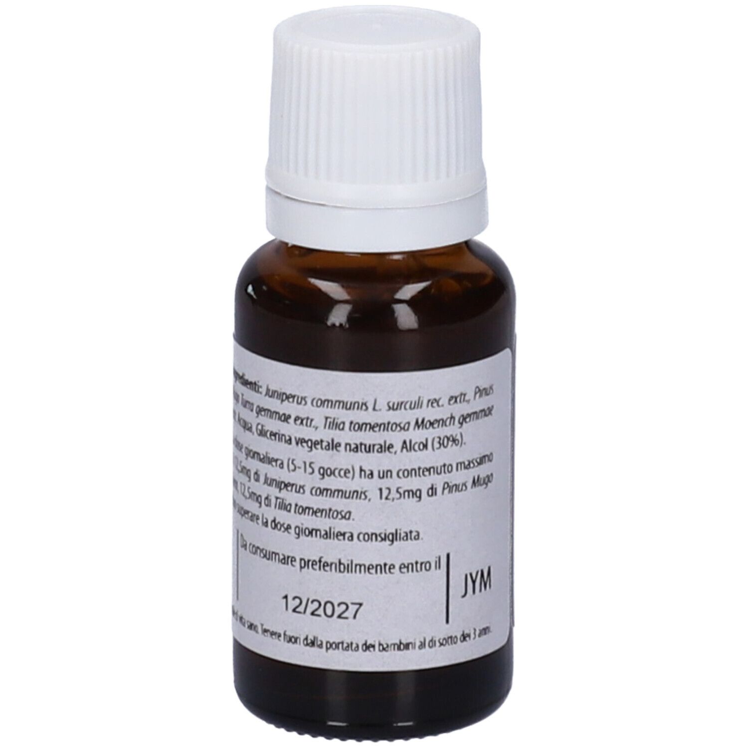 Flacone di vetro marrone con tappo bianco. Scritta: Fito Embryo Estratti, Spasmo fee, 15ml, 5%.