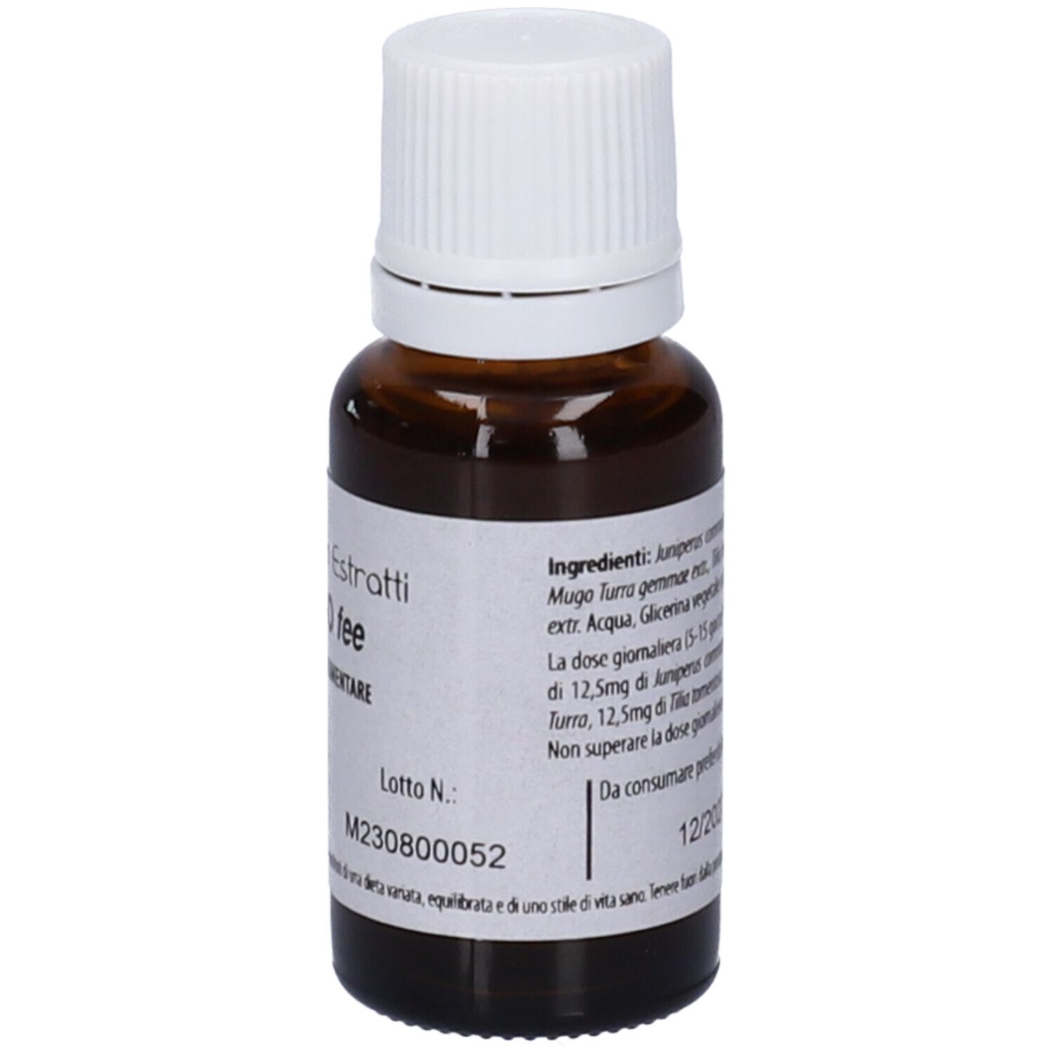 Flacone di vetro marrone con tappo bianco. Scritta: Fito Embryo Estratti, Spasmo fee, 15ml, 5%.