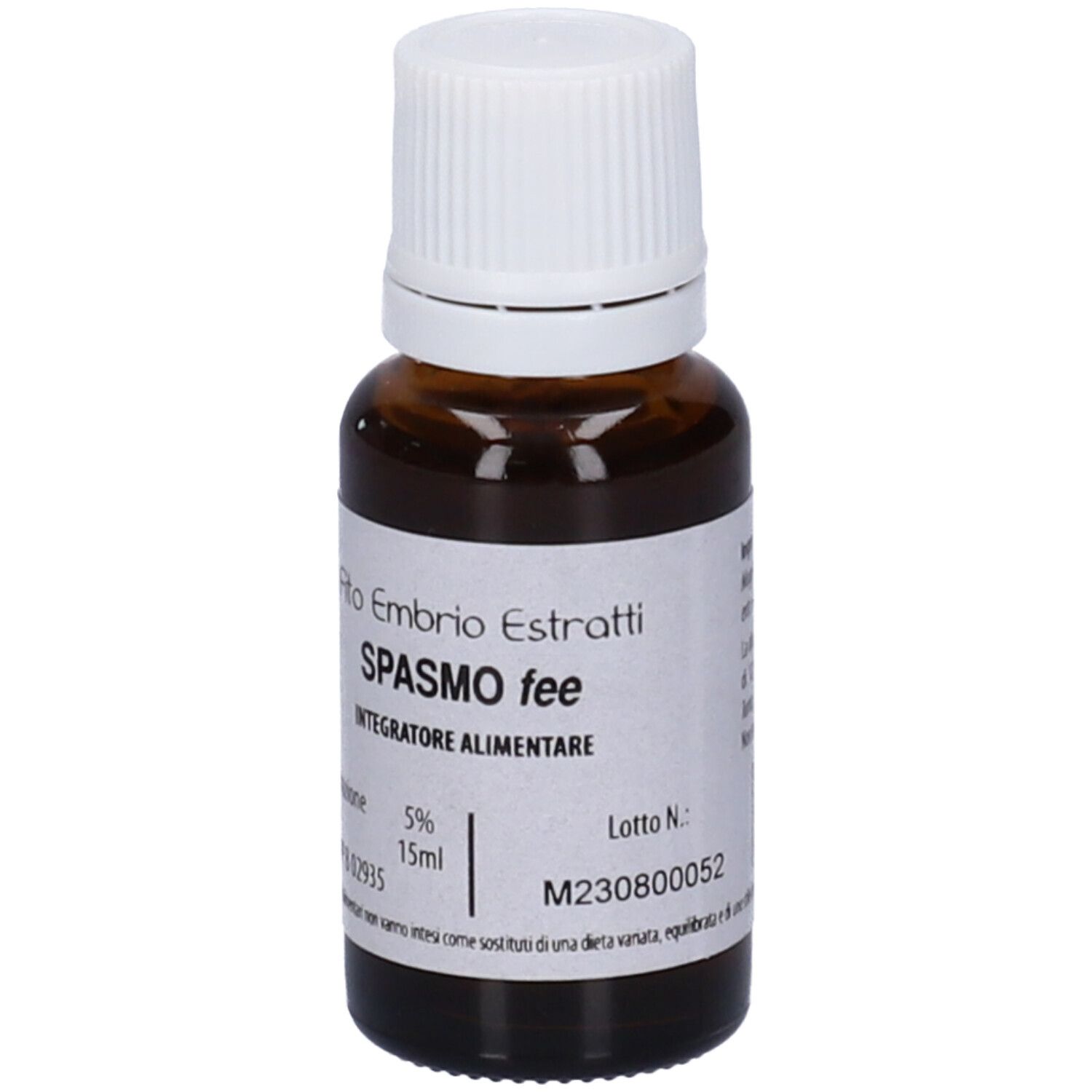 Flacone di vetro marrone con tappo bianco. Scritta: Fito Embryo Estratti, Spasmo fee, 15ml, 5%.