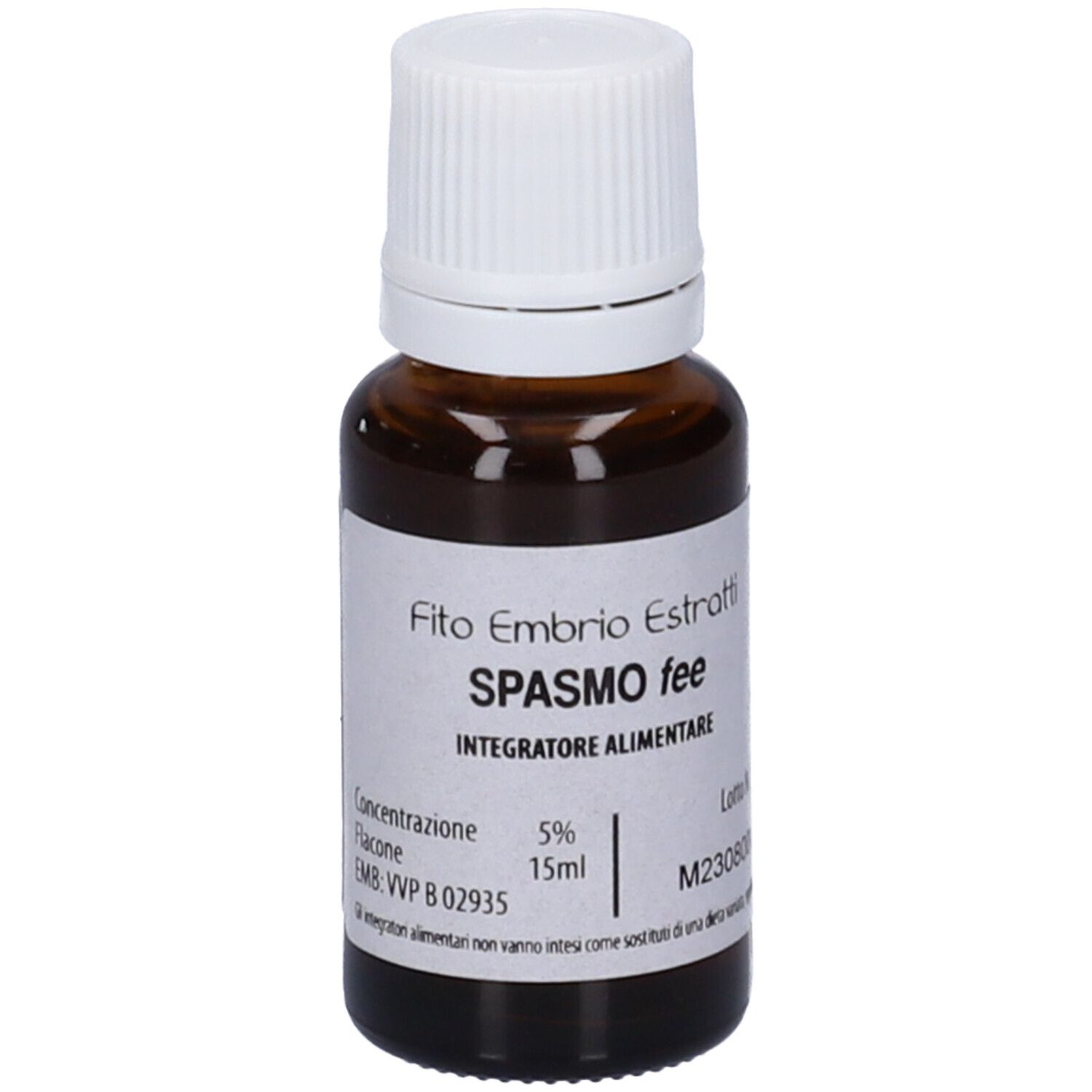 Flacone di vetro marrone con tappo bianco. Scritta: Fito Embryo Estratti, Spasmo fee, 15ml, 5%.