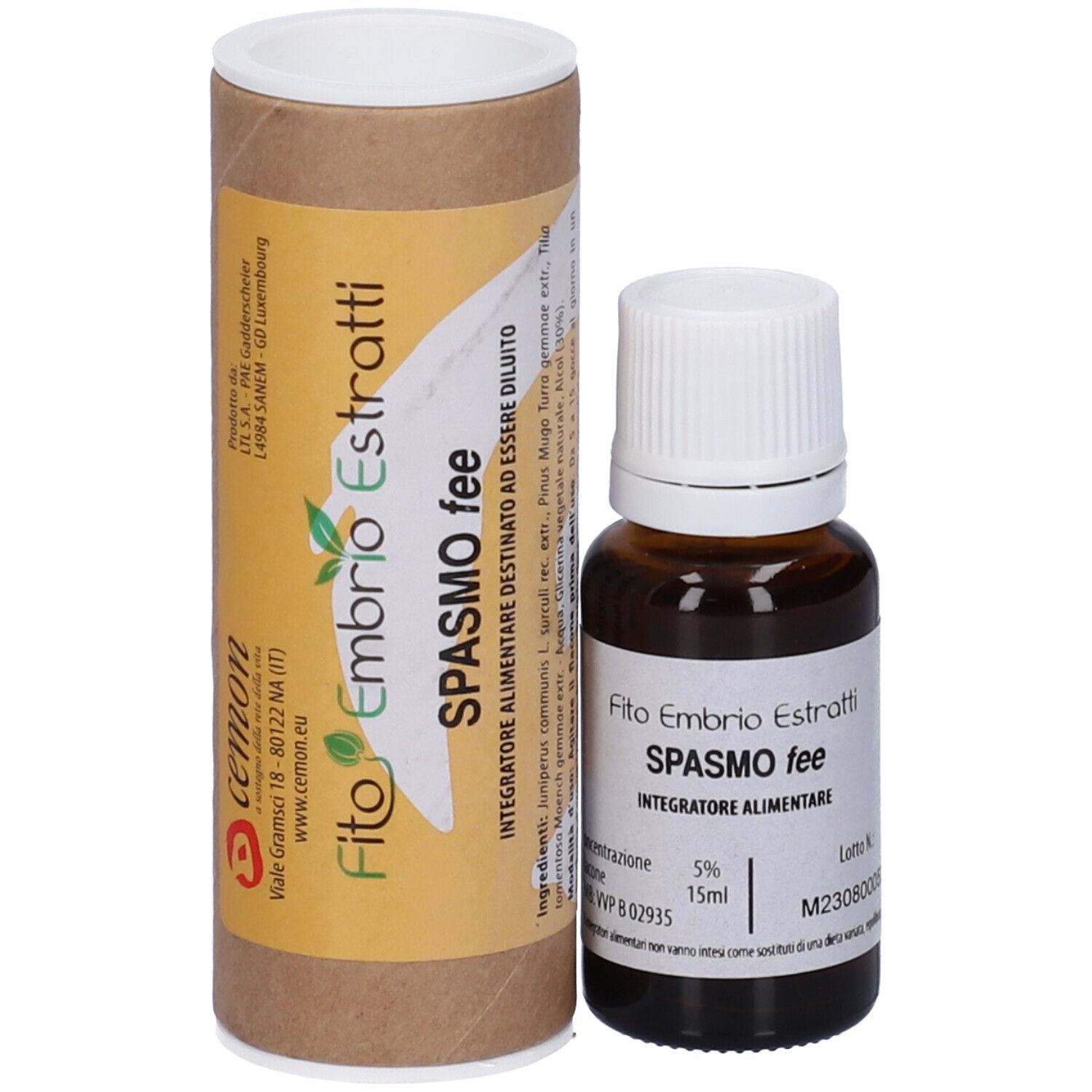 Flacone di vetro marrone con tappo bianco e confezione di cartone marrone. Scritta: Fito Embryo Estratti, Spasmo fee, 15ml, 5%.