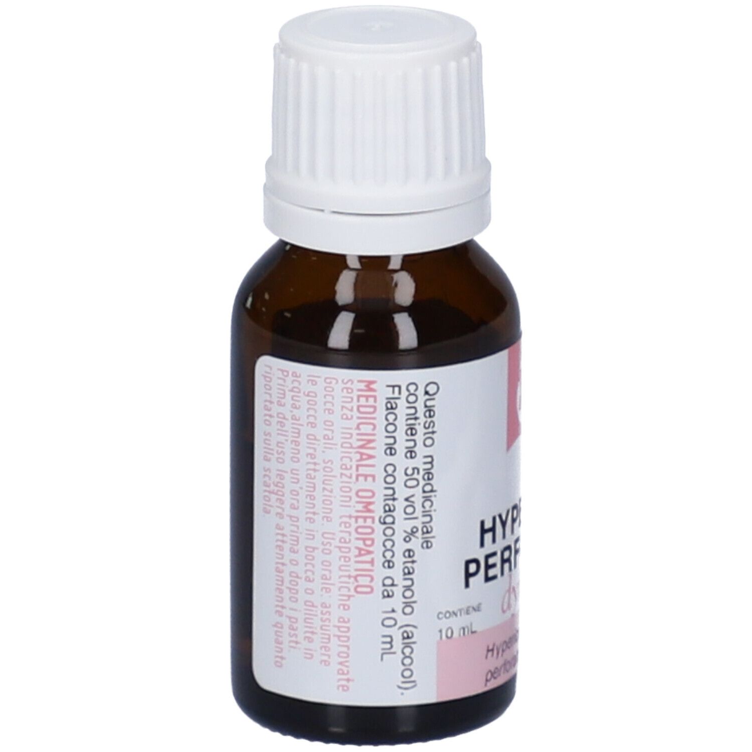 Flacone di vetro marrone con tappo bianco ed etichetta. Testo: 50 vol % etanolo, 10 ml. Hypericum Perforatum 12 DH.