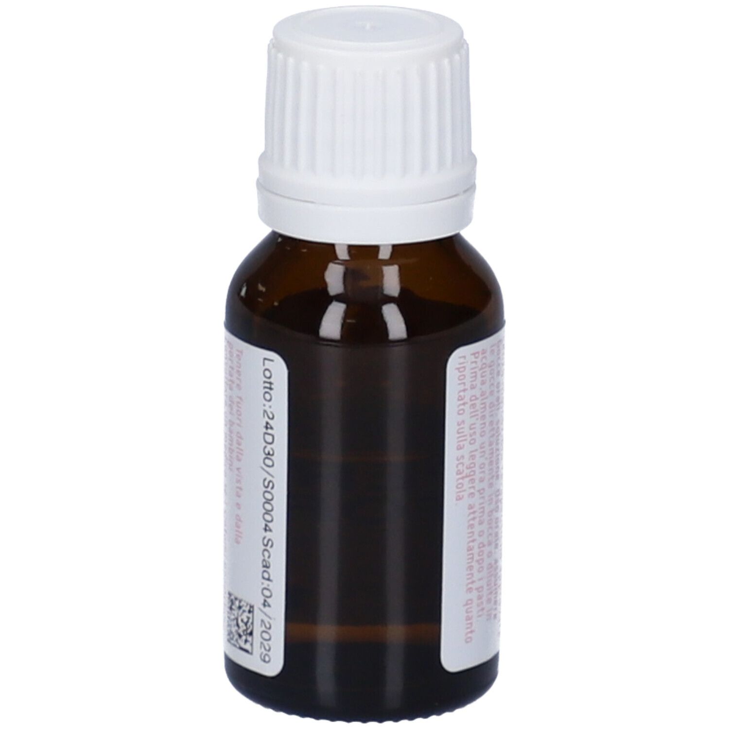 Retro di un flacone di vetro marrone con tappo bianco. Etichetta con testo e numero di lotto.