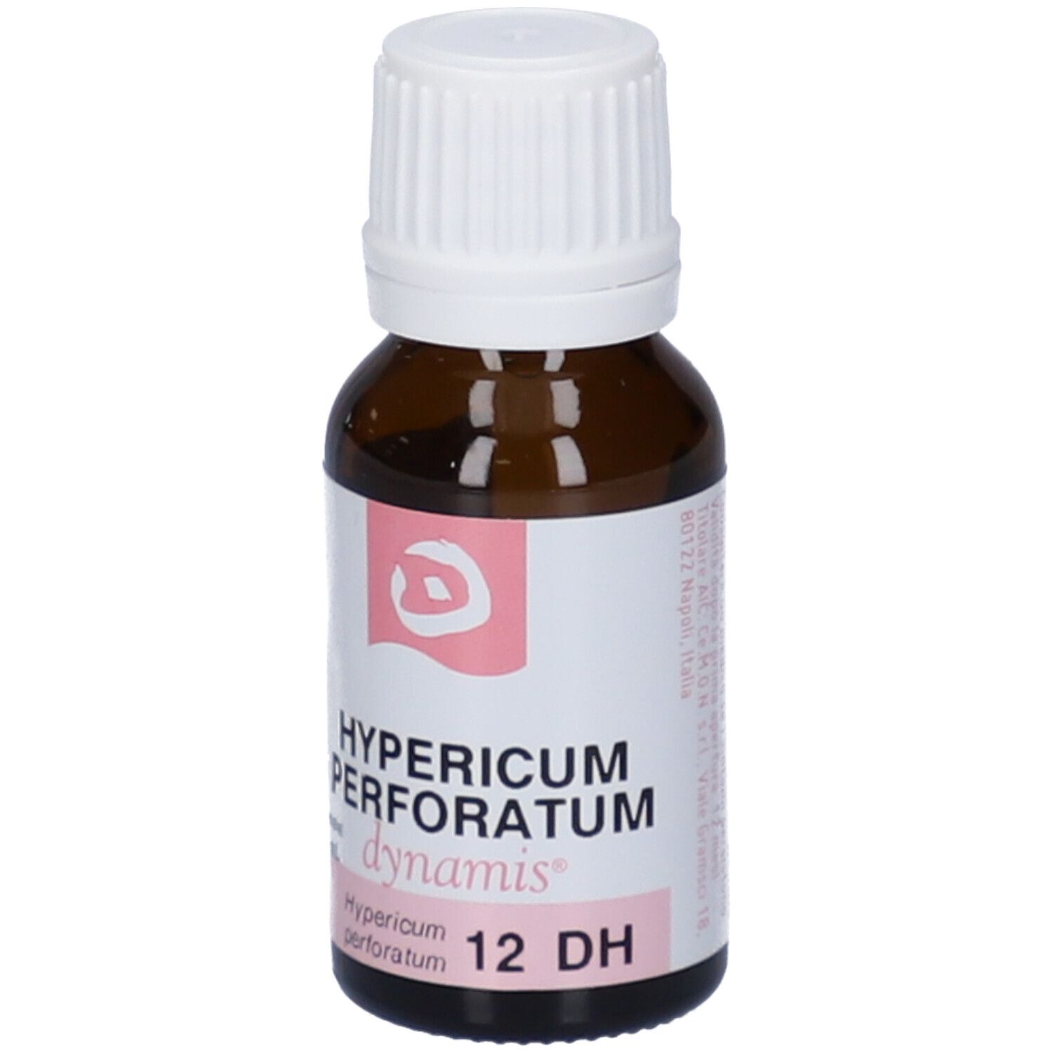 Flacone di vetro marrone con tappo bianco ed etichetta. Scritta: Hypericum Perforatum 12 DH, dynamis.