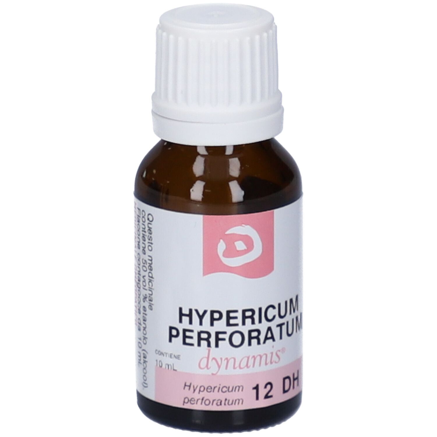 Flacone di vetro marrone con tappo bianco ed etichetta. Scritta: Hypericum Perforatum 12 DH, dynamis.