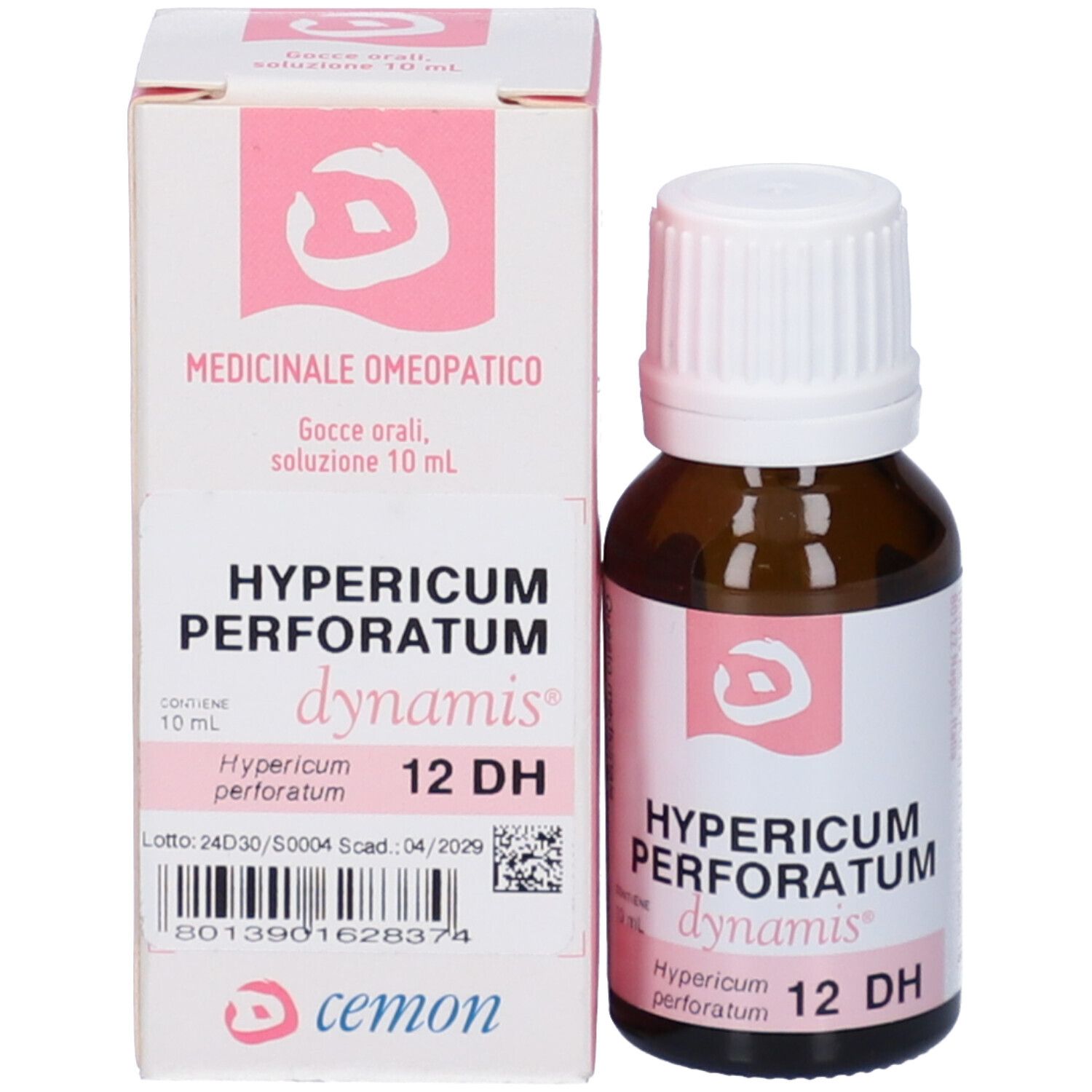 Confezione del prodotto con flacone. Scritta: Hypericum Perforatum 12 DH, dynamis.  Inoltre: 10 ml.