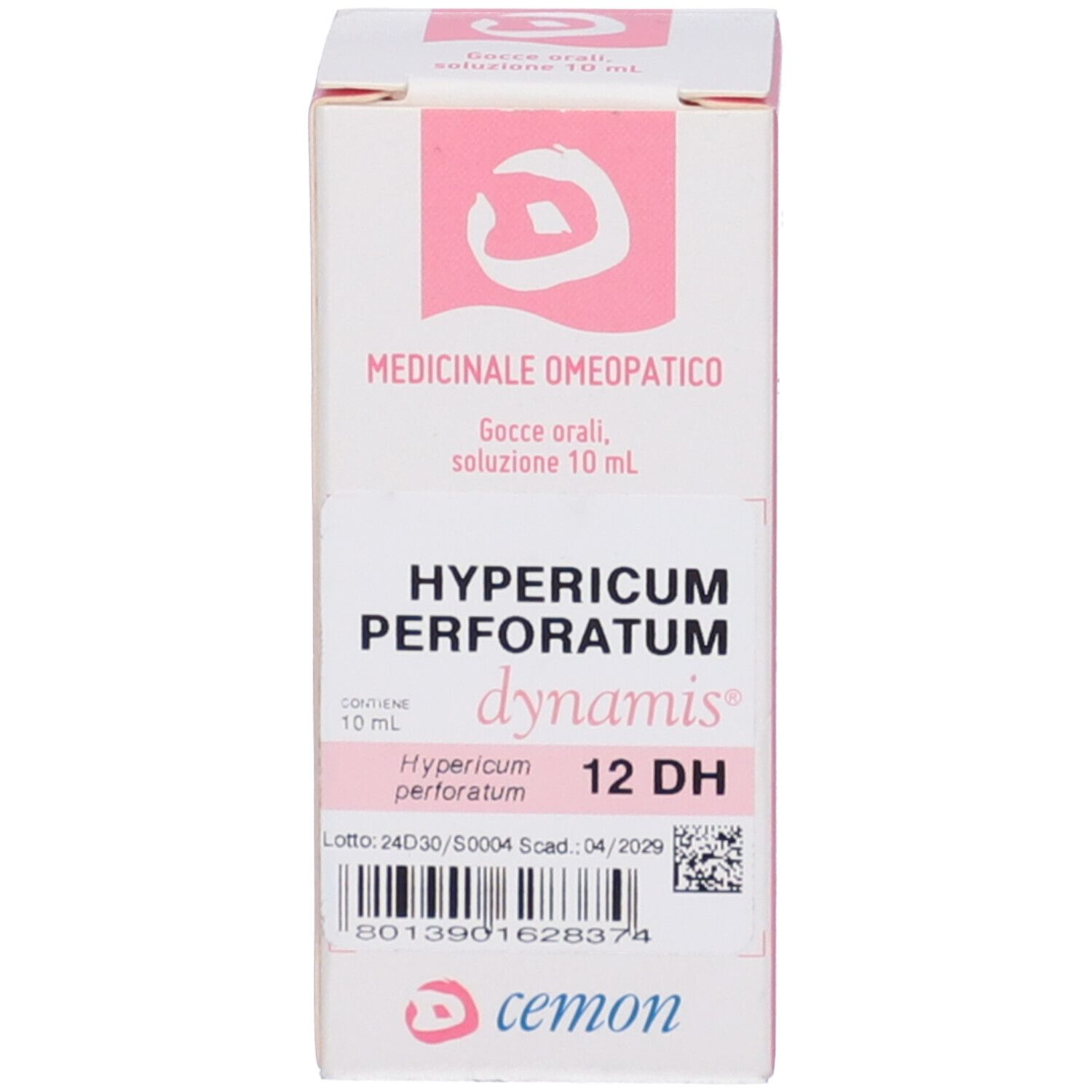 Confezione del prodotto con scritta: Hypericum Perforatum 12 DH, dynamis.  Inoltre: 10 ml.