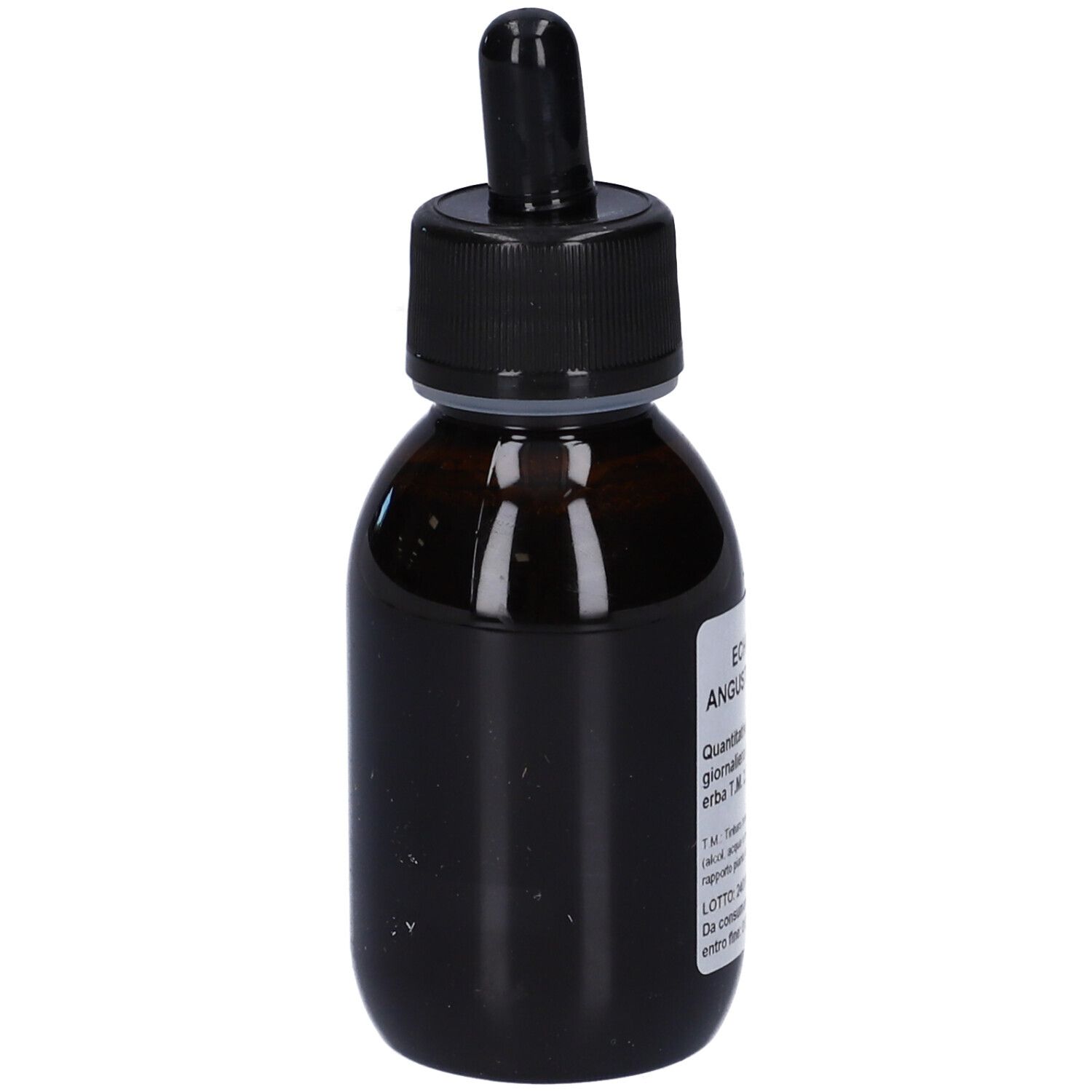 Flacone di vetro marrone con tappo nero e contagocce. Etichetta con testo. Prodotto per la salute.