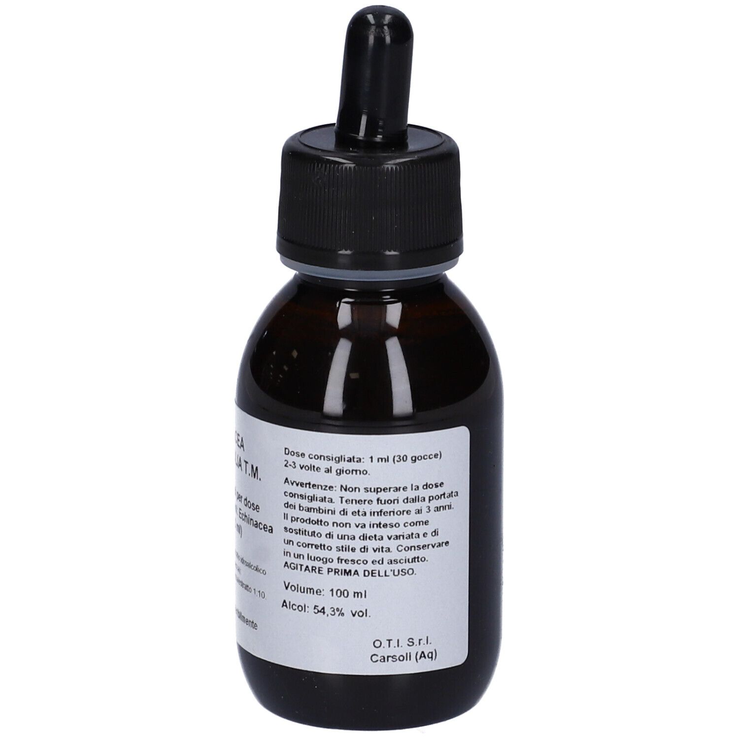 Flacone di vetro marrone con tappo nero e contagocce. Etichetta con testo. Prodotto per la salute.