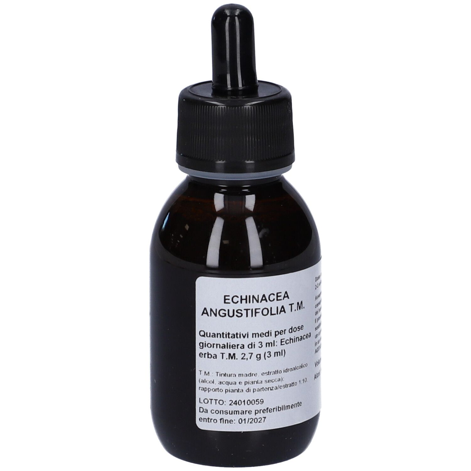 Flacone di vetro marrone con tappo nero e contagocce. Etichetta con testo. Prodotto per la salute.