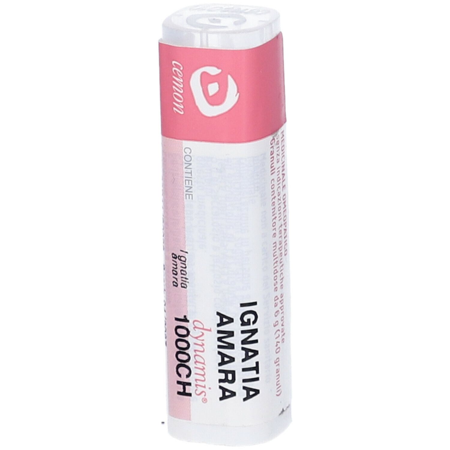 Confezione cilindrica con etichetta rosa. L'etichetta riporta "Ignatia Amara 1000CH dynamis".