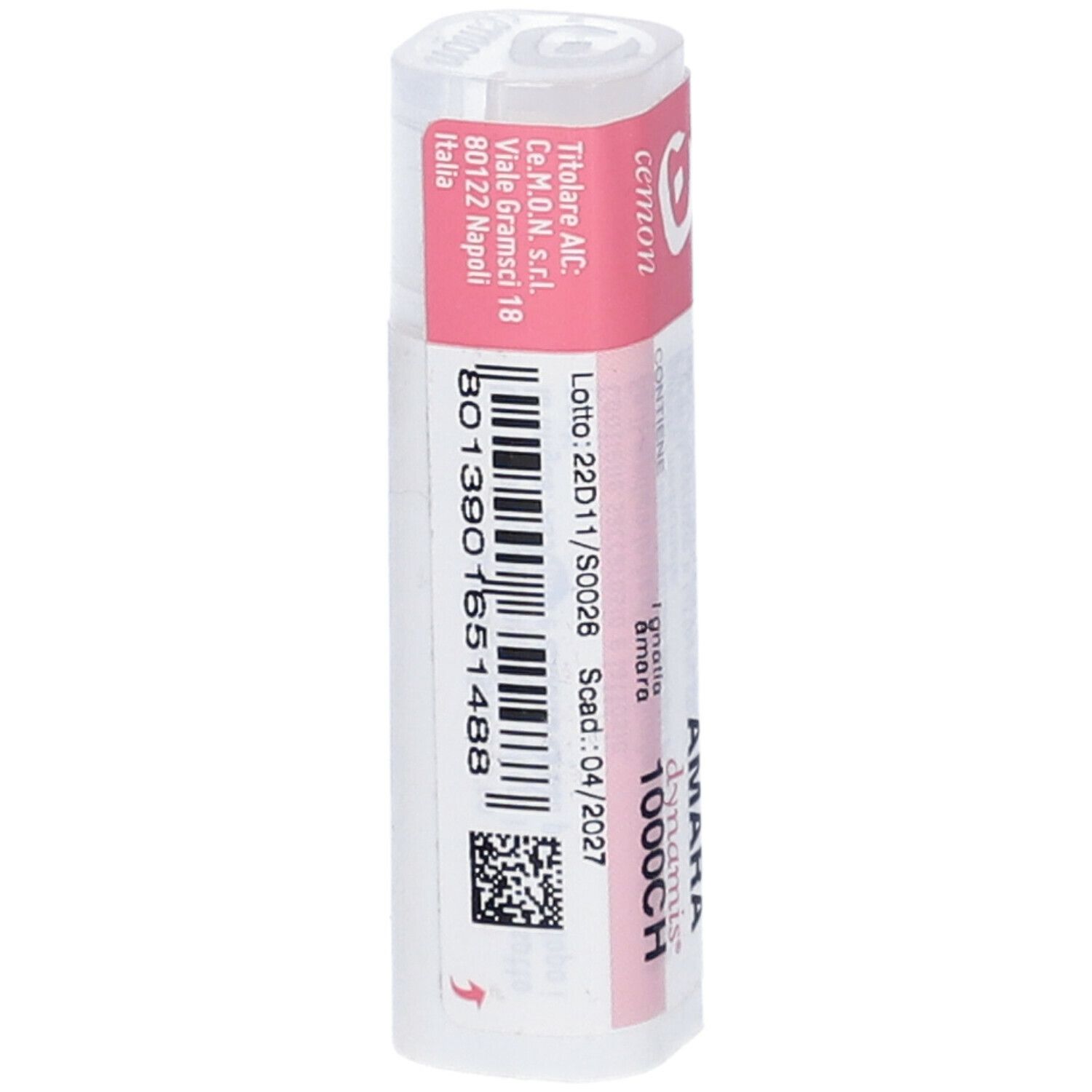 Confezione cilindrica con etichetta rosa. "Ignatia Amara 1000CH dynamis". Codice a barre e data di scadenza.