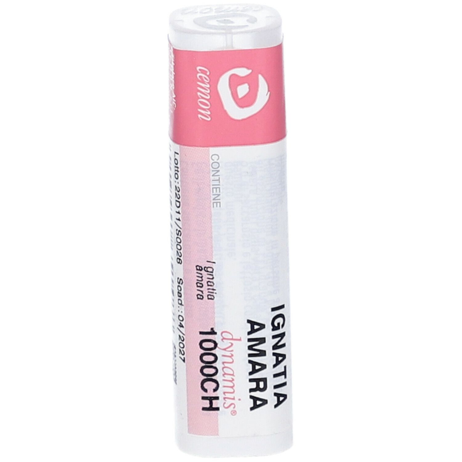Confezione cilindrica con etichetta rosa. L'etichetta riporta "Ignatia Amara 1000CH dynamis".