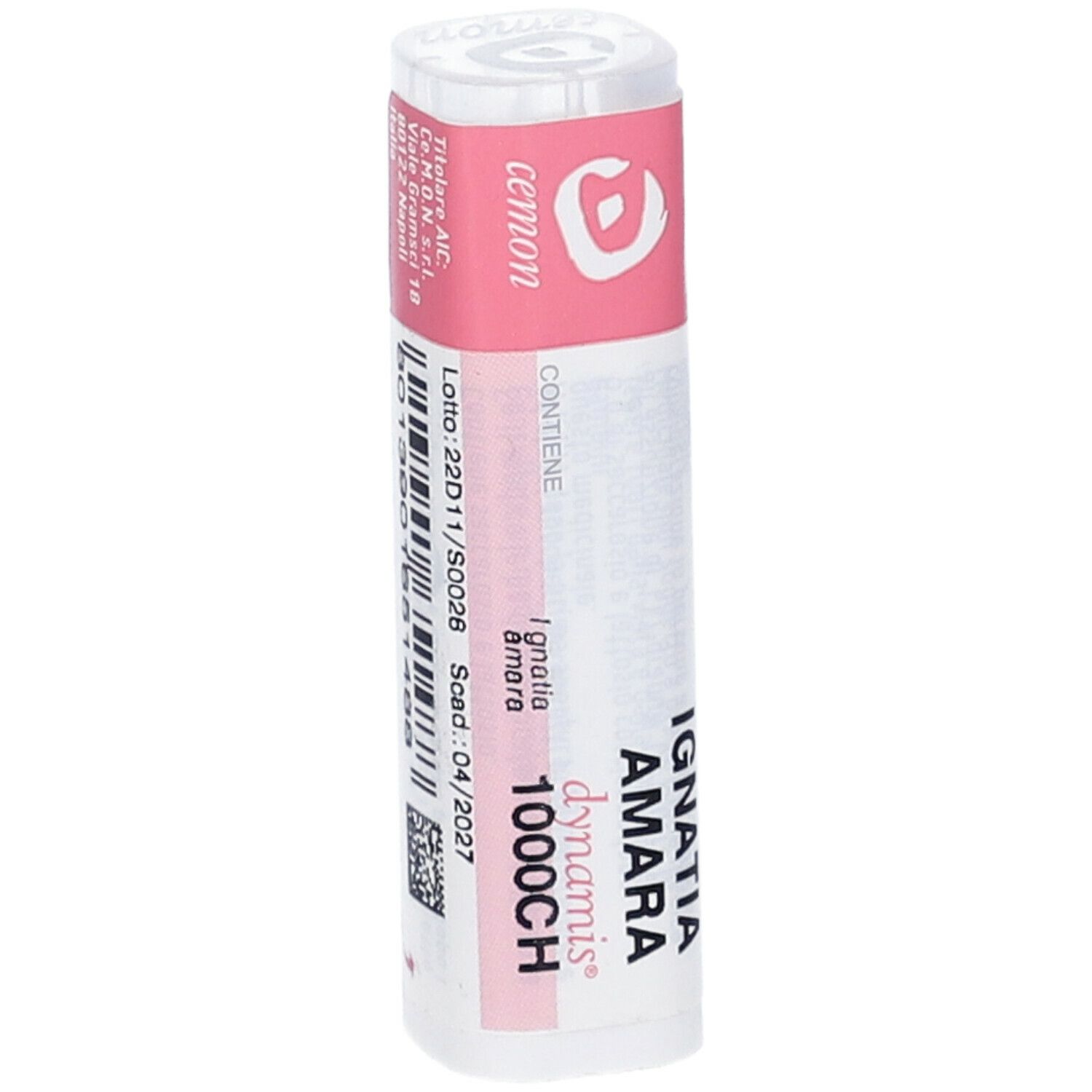 Confezione cilindrica con etichetta rosa. "Ignatia Amara 1000CH dynamis". Codice a barre e data di scadenza.
