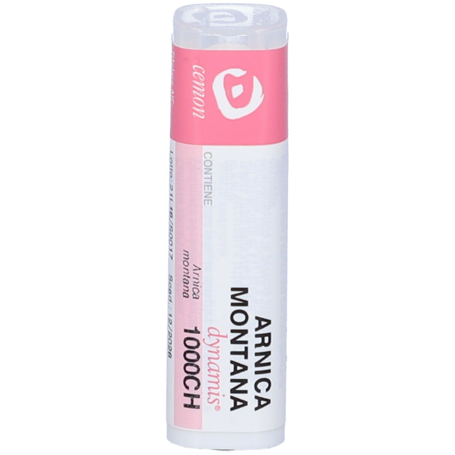 Flacone cilindrico bianco con etichetta rosa. L'etichetta riporta "Arnica Montana dynamis 1000CH".