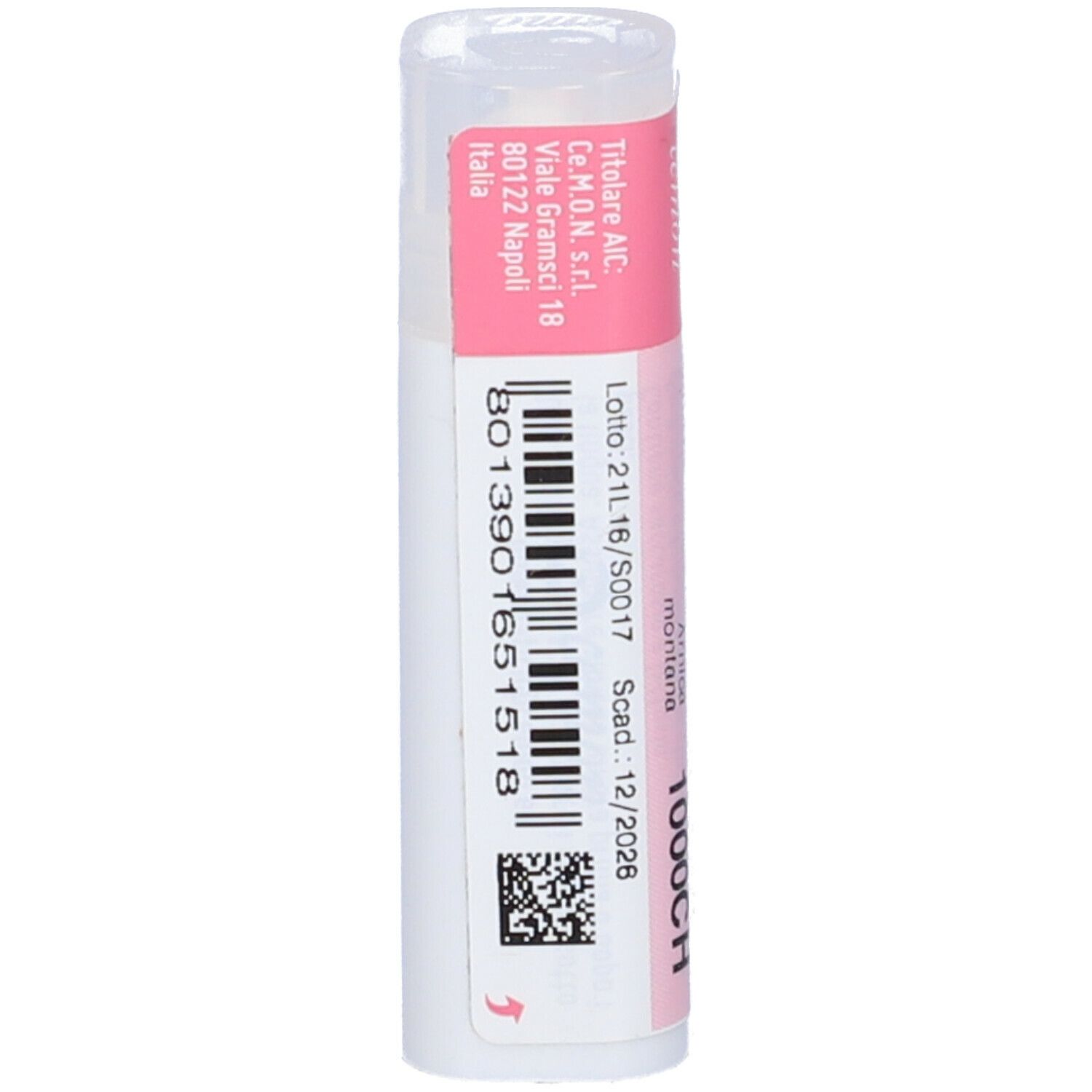 Flacone cilindrico bianco con etichetta rosa. Informazioni ed un codice a barre sull'etichetta.