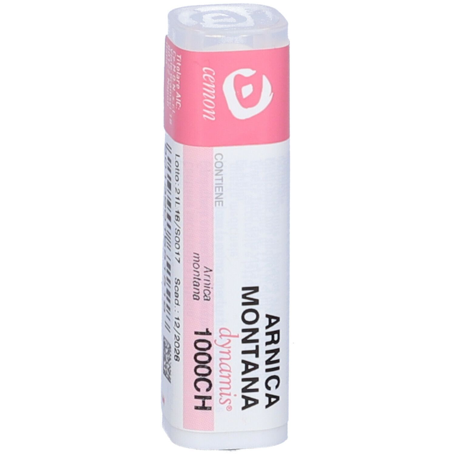 Flacone cilindrico bianco con etichetta rosa. L'etichetta riporta "Arnica Montana 1000CH".