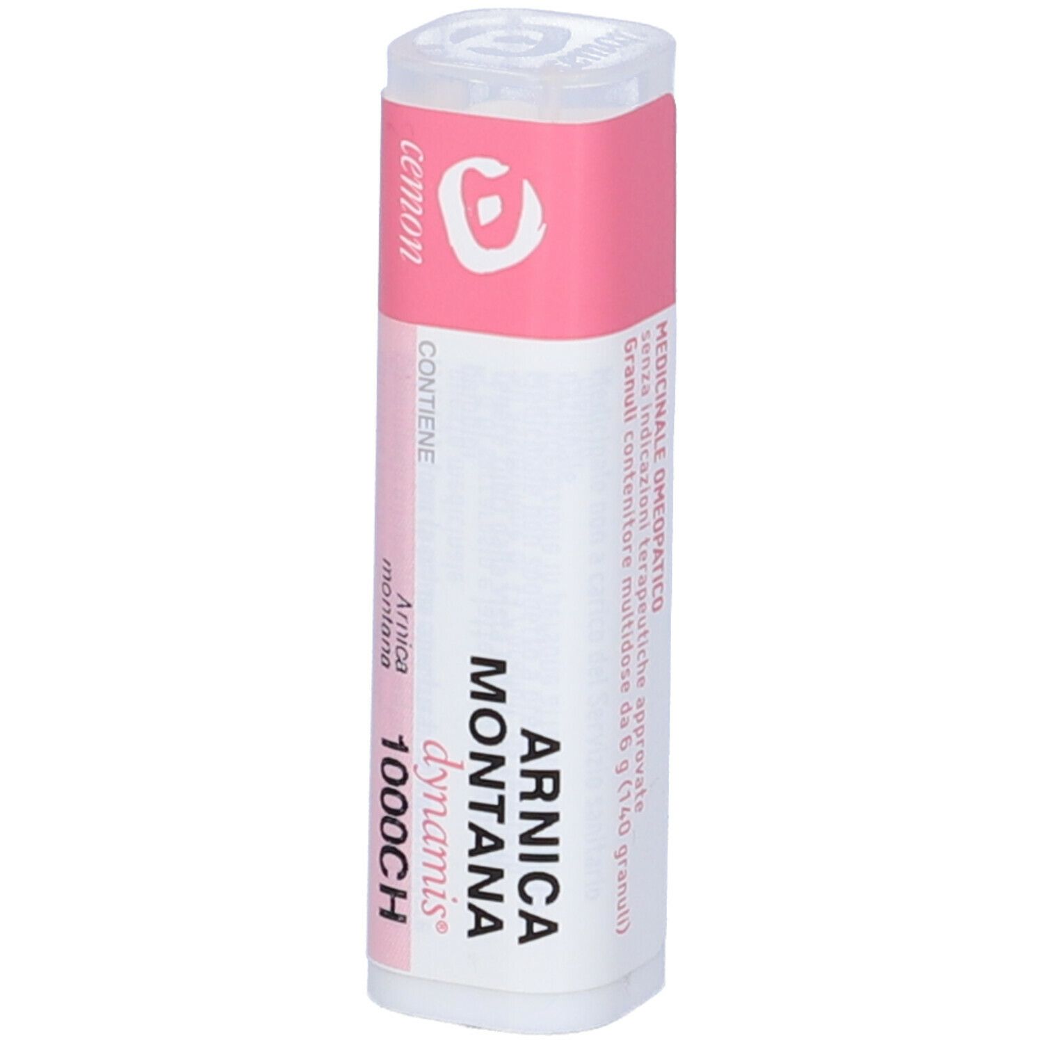 Flacone cilindrico bianco con etichetta rosa. L'etichetta riporta "Arnica Montana 1000CH".