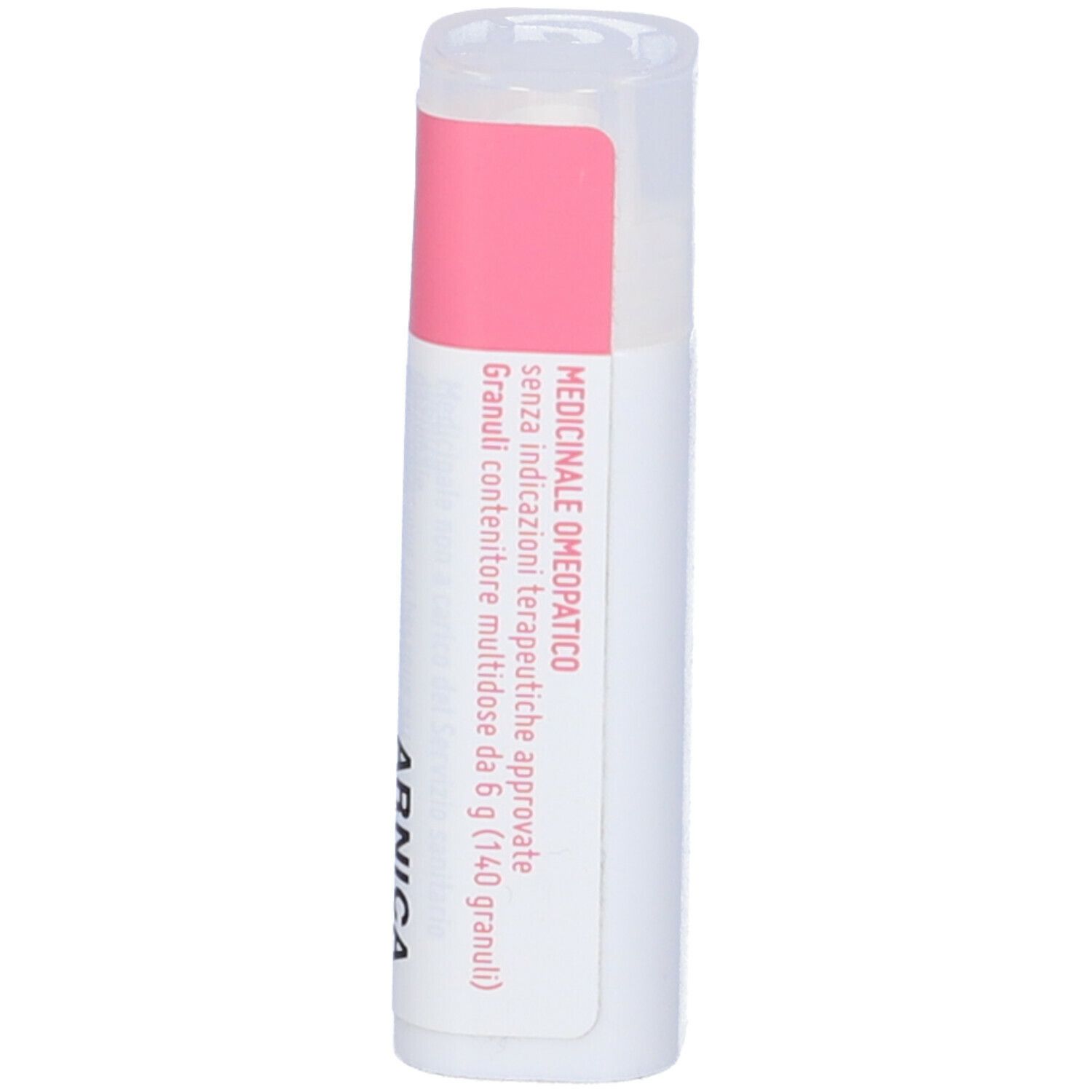 Flacone cilindrico bianco con etichetta rosa. L'etichetta riporta "Arnica".