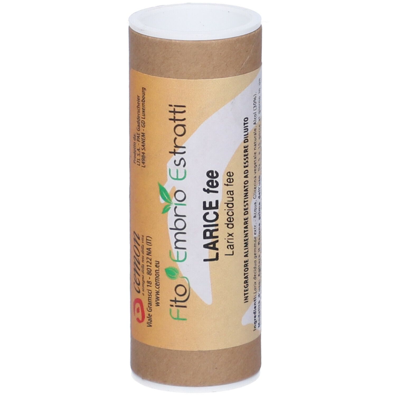 Tubo di cartone marrone con coperchio bianco. Scritta: Fito Embryo Estratti, Larice fee, Larix decidua fee.