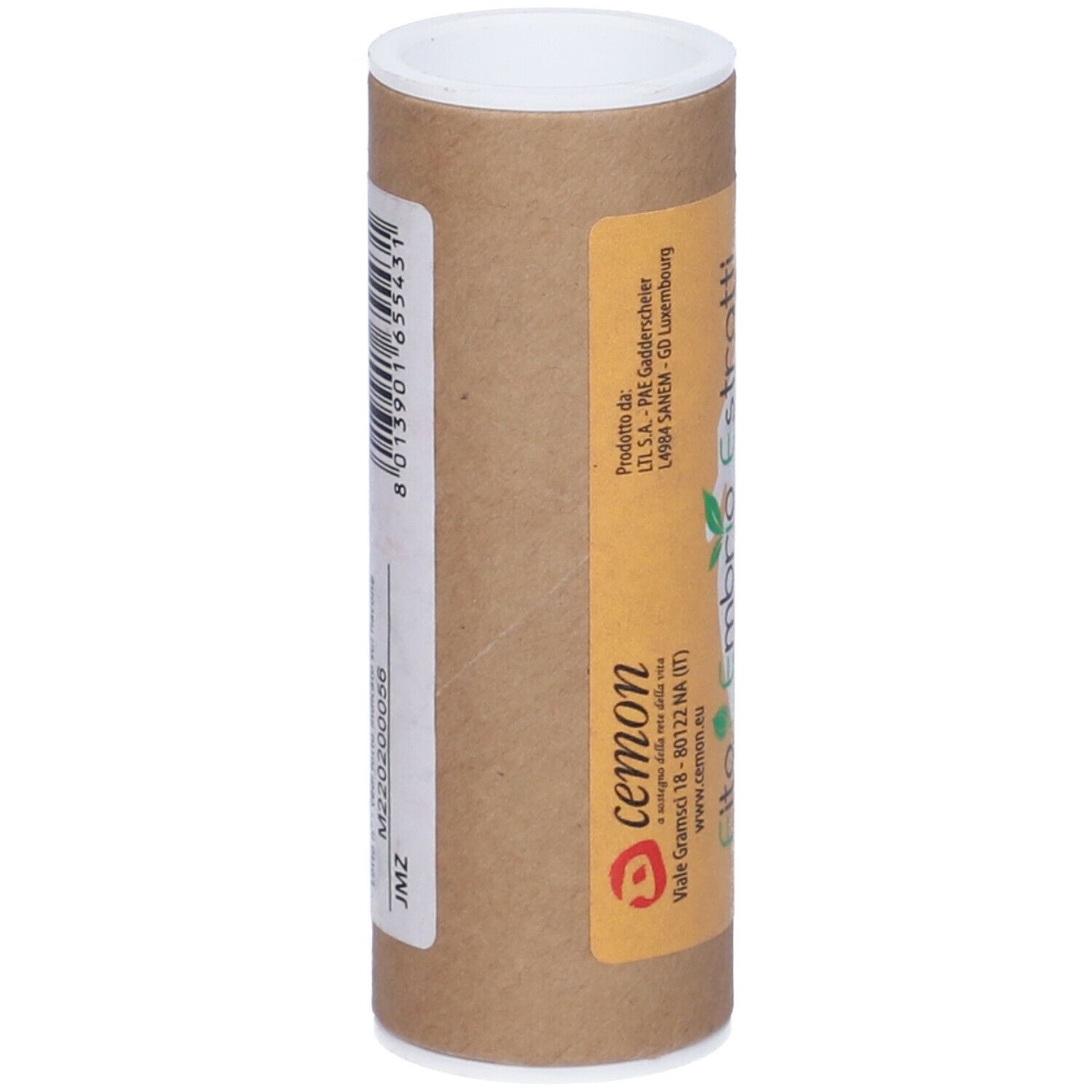 Tubo di cartone marrone con coperchio bianco. Scritta: Fito Embryo Estratti, Larice fee, Larix decidua fee.