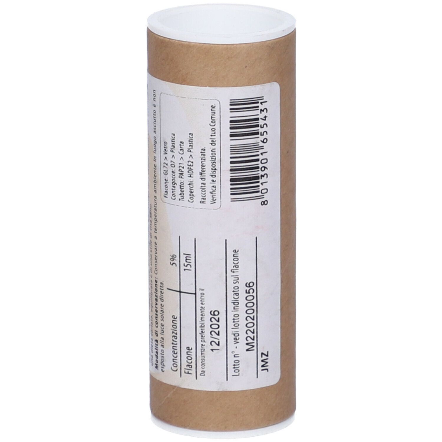 Tubo di cartone marrone con coperchio bianco. Scritta: Fito Embryo Estratti, Larice fee, 15ml, 12/2026.