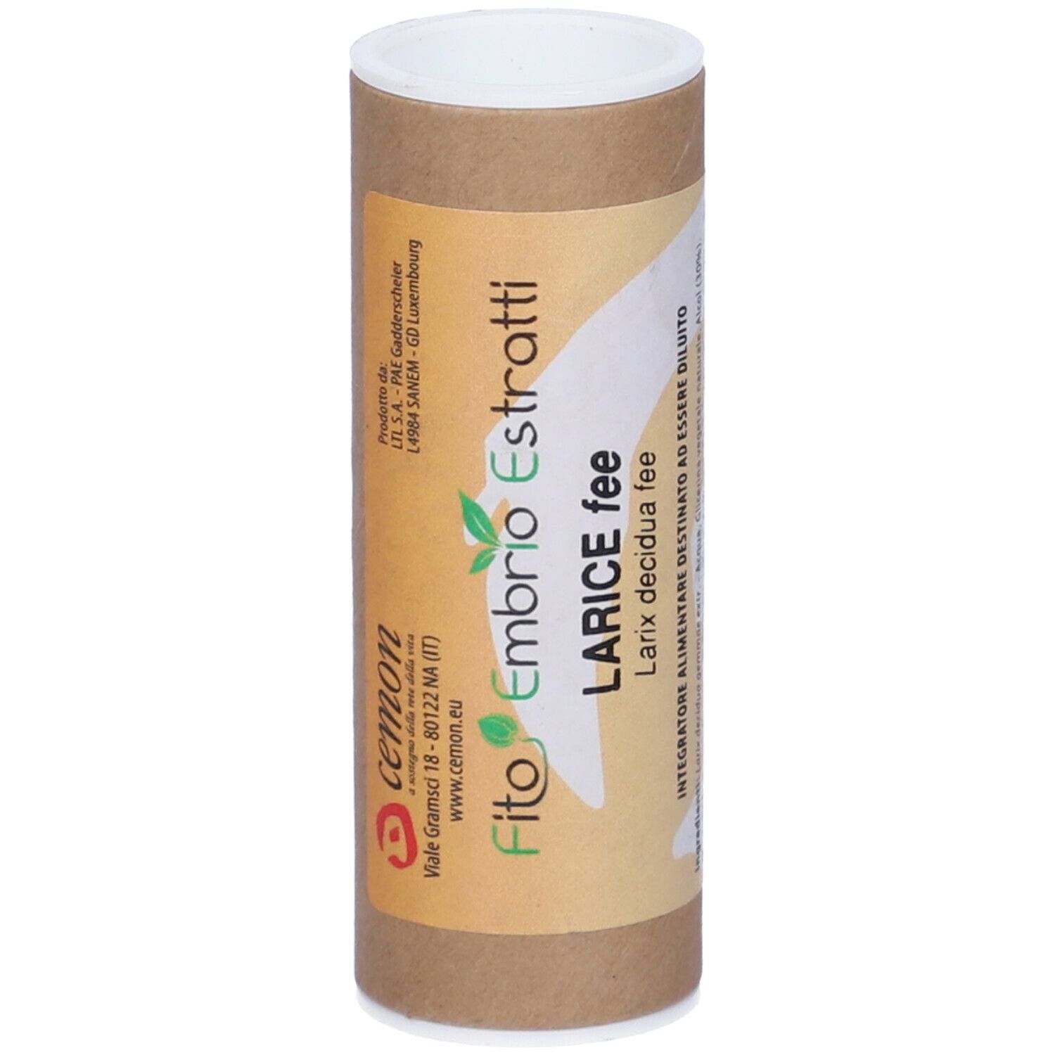 Tubo di cartone marrone con coperchio bianco. Scritta: Fito Embryo Estratti, Larice fee, Larix decidua fee.