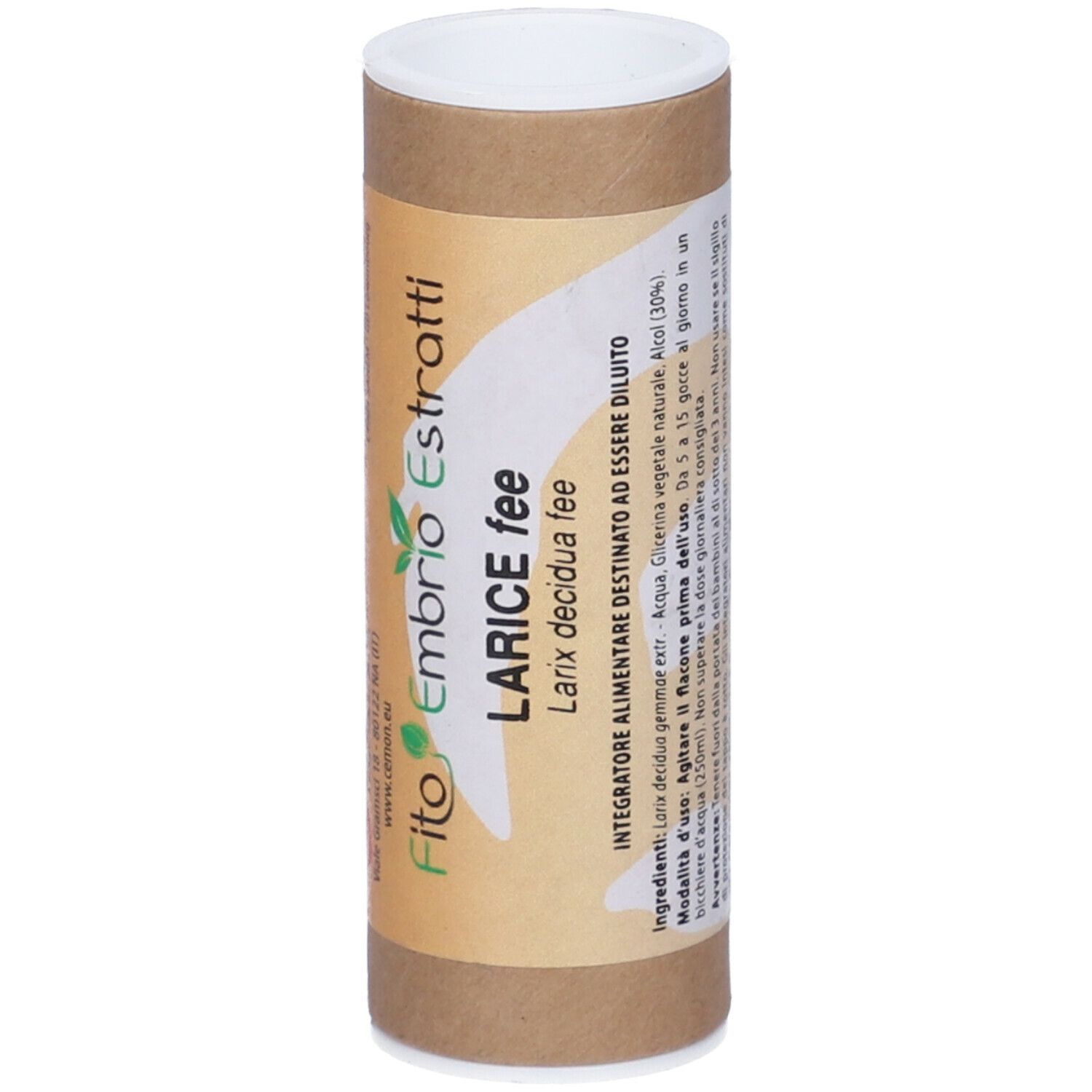 Tubo di cartone marrone con coperchio bianco. Scritta: Fito Embryo Estratti, Larice fee, Larix decidua fee.