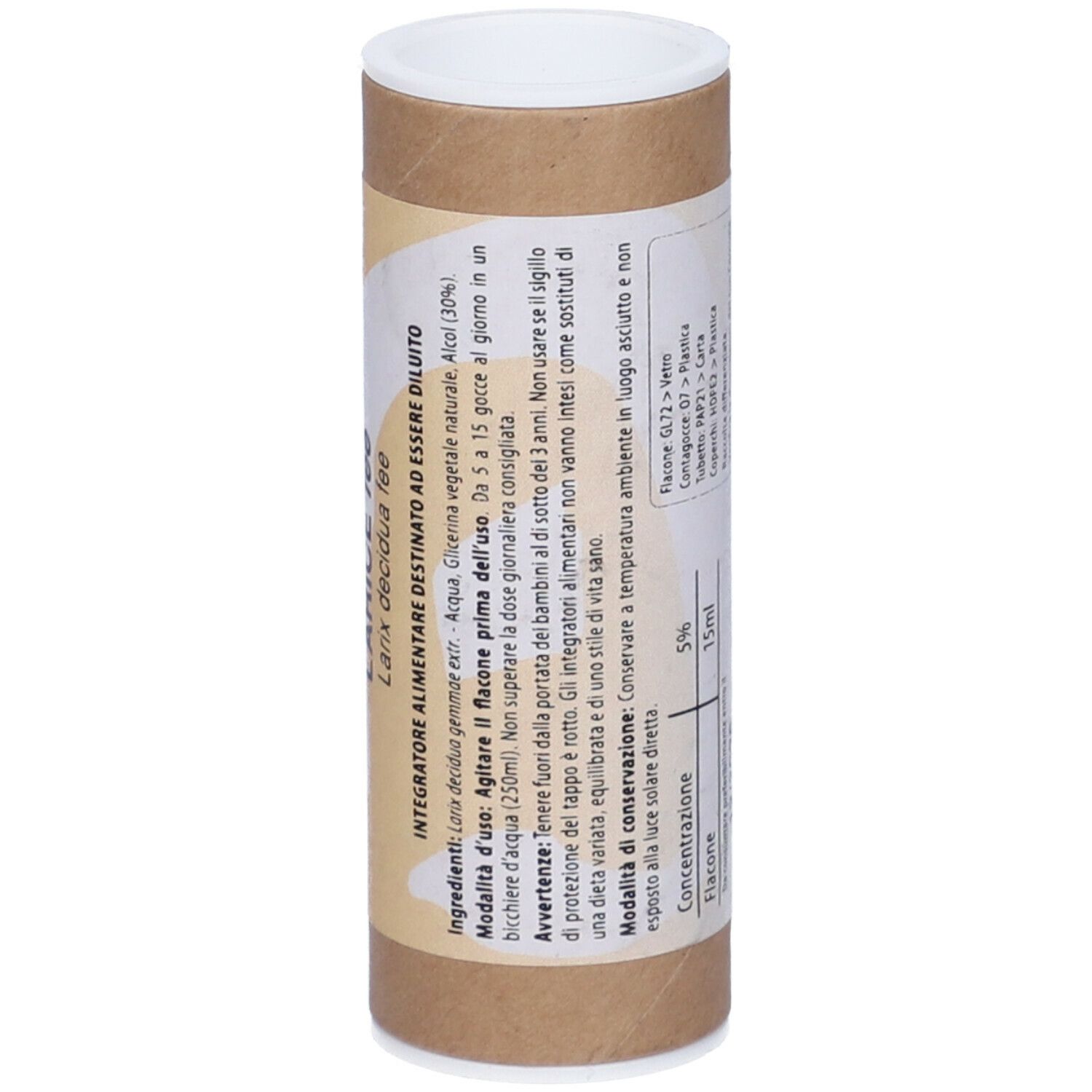 Tubo di cartone marrone con coperchio bianco. Scritta: Fito Embryo Estratti, Larice decidua fee, ingredienti.