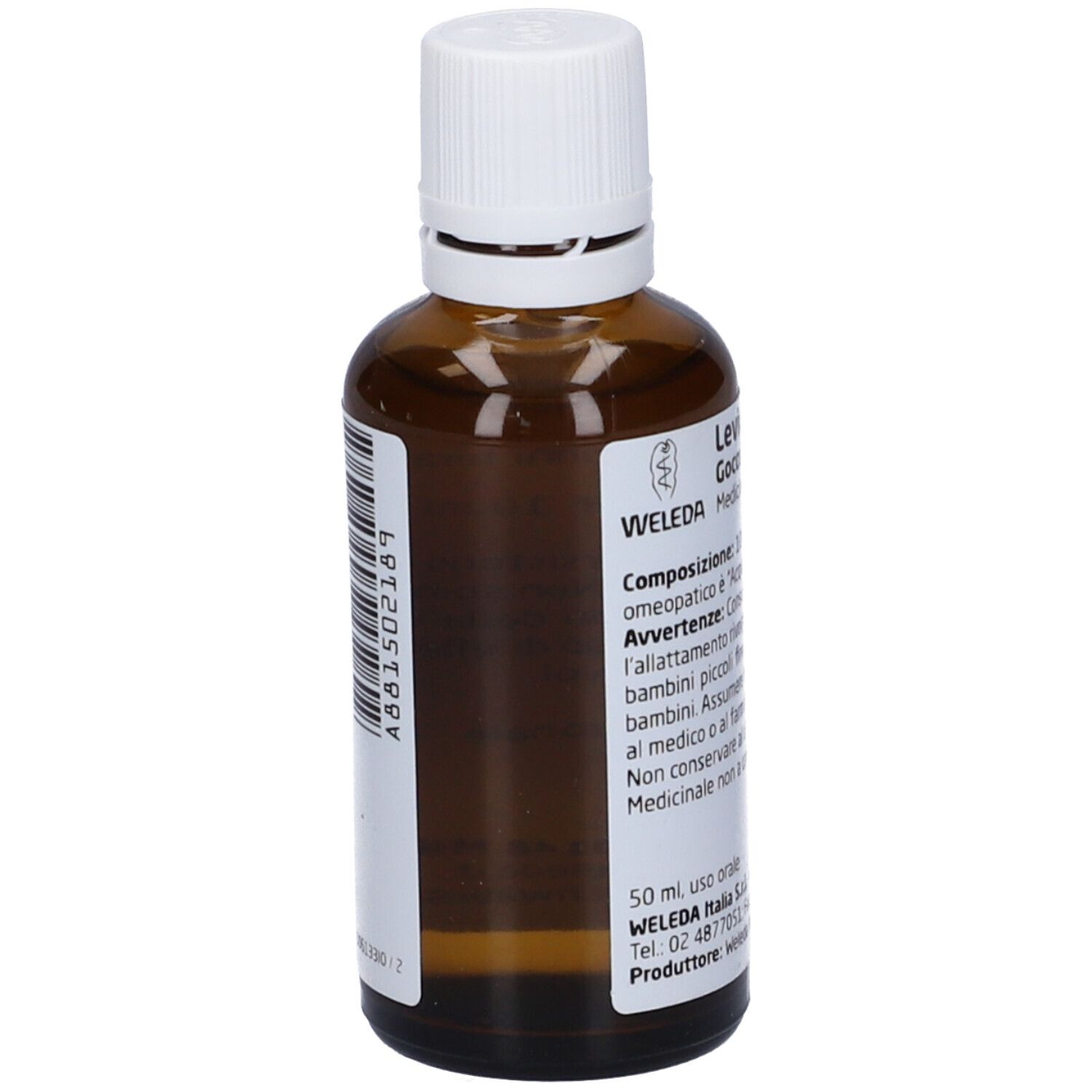 Flacone di vetro marrone con tappo bianco. Etichetta con testo. Marchio: WELEDA. Scritta: Levico D3, Gocce orali, soluzione.