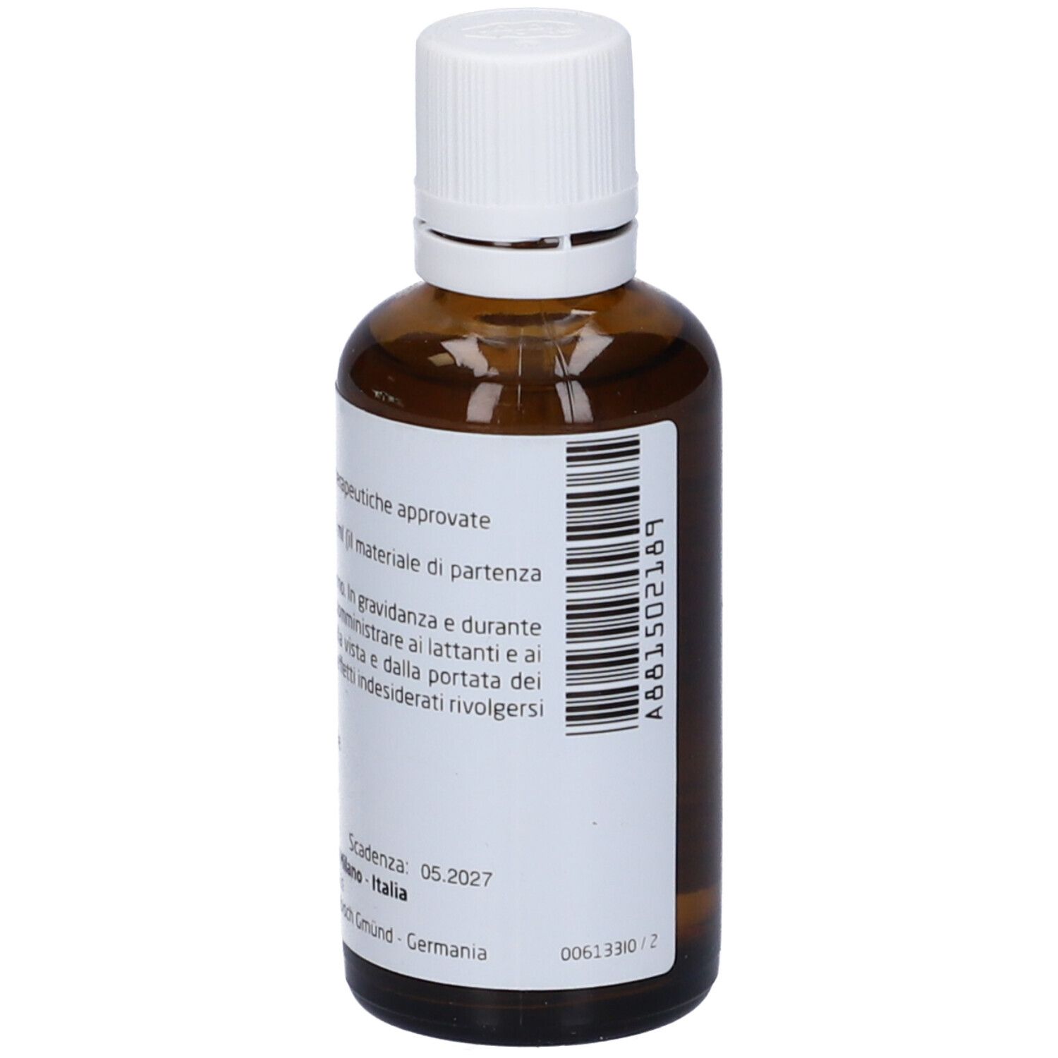 Flacone di vetro marrone con tappo bianco. Etichetta con testo. Marchio: WELEDA. Scritta: Levico D3, Gocce orali, soluzione.