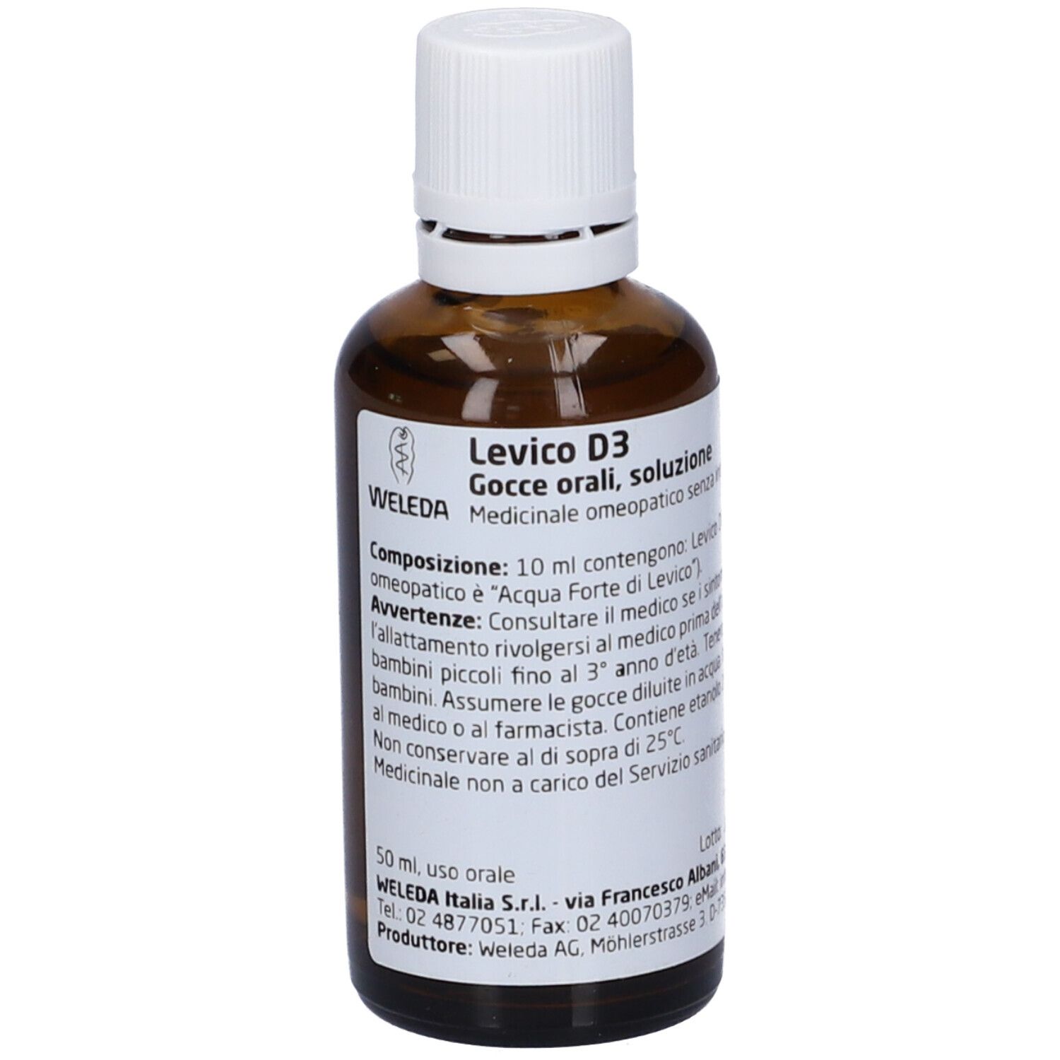 Flacone di vetro marrone con tappo bianco. Scritta: Levico D3, Gocce orali, soluzione. Marchio: WELEDA.