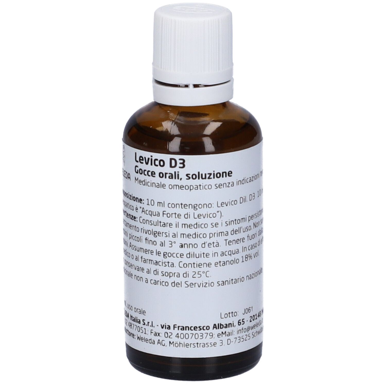 Flacone di vetro marrone con tappo bianco. Scritta: Levico D3, Gocce orali, soluzione. Marchio: WELEDA.