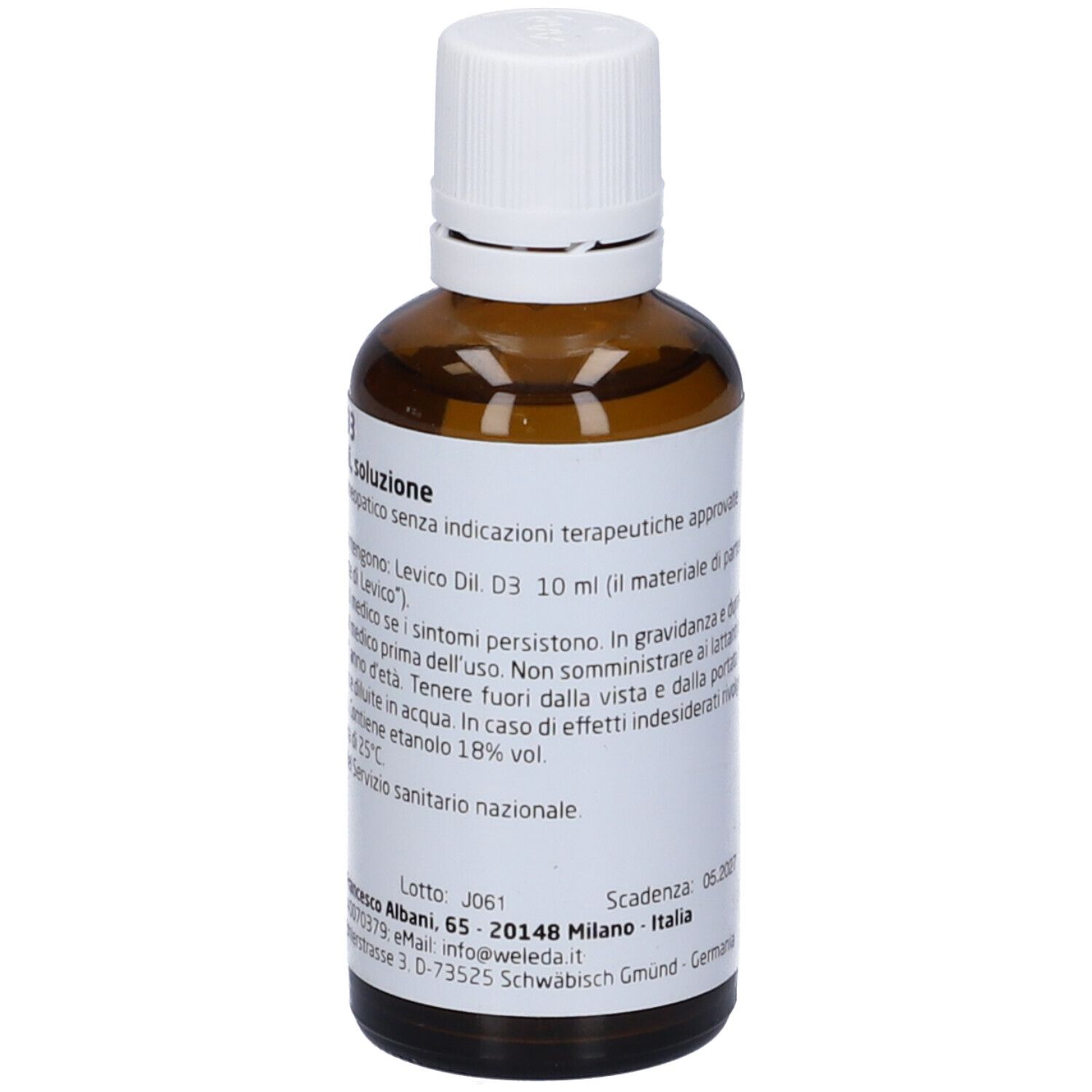 Flacone di vetro marrone con tappo bianco. Etichetta con testo. Marchio: WELEDA. Scritta: Levico D3, Gocce orali, soluzione.