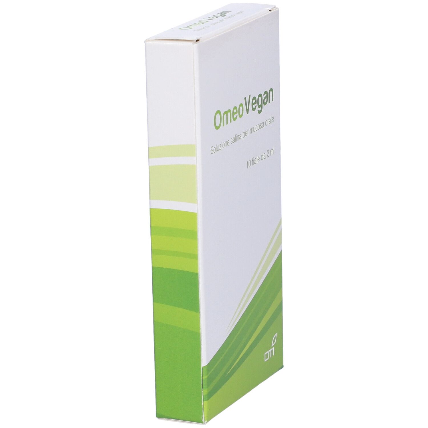 Confezione OmeoVegan. Scatola bianca con design verde. Vista laterale. Logo OTI.