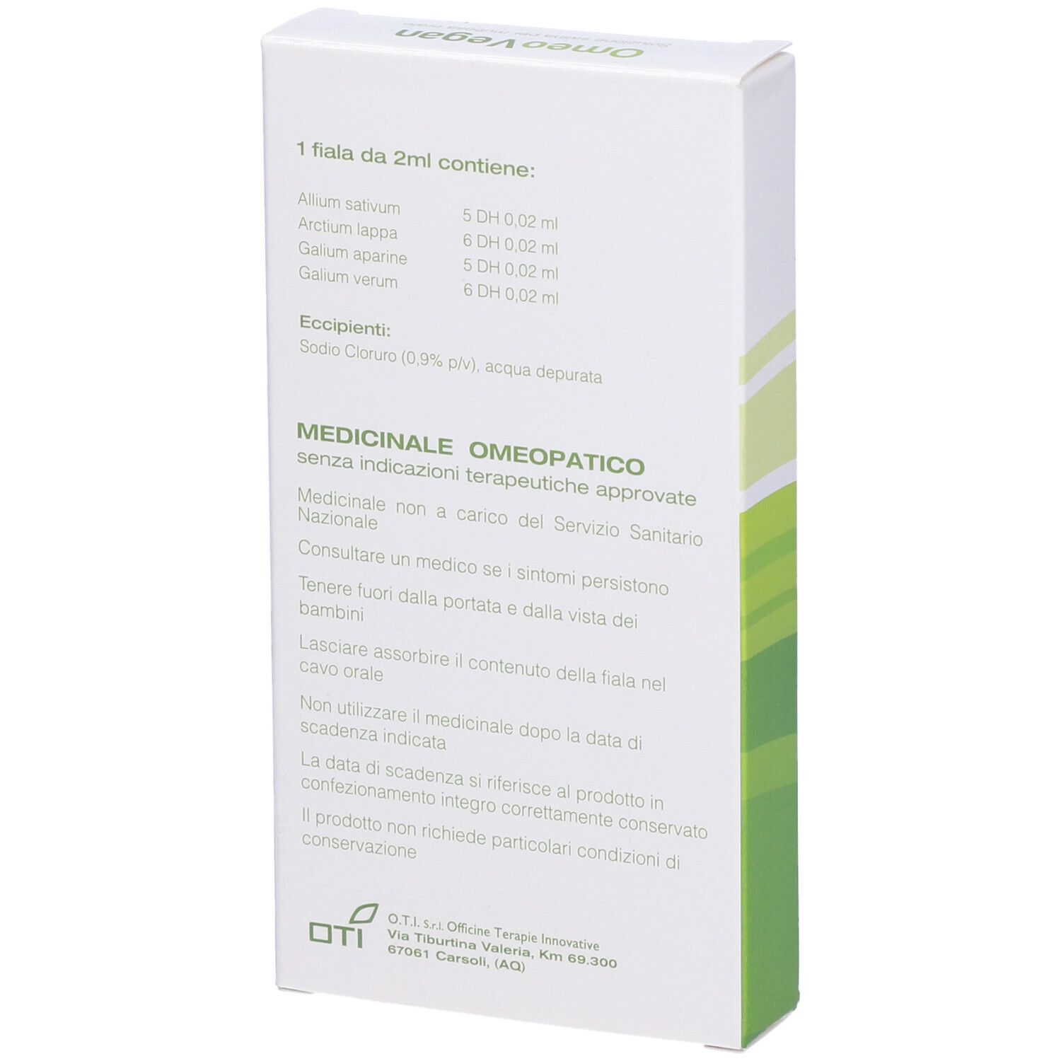 Retro confezione OmeoVegan. Testo: ingredienti, istruzioni per l'uso. Logo OTI.