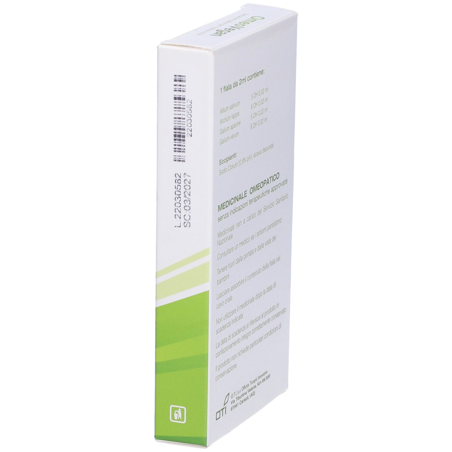 Vista laterale confezione OmeoVegan. Testo: numero di lotto, data di scadenza. Logo OTI.