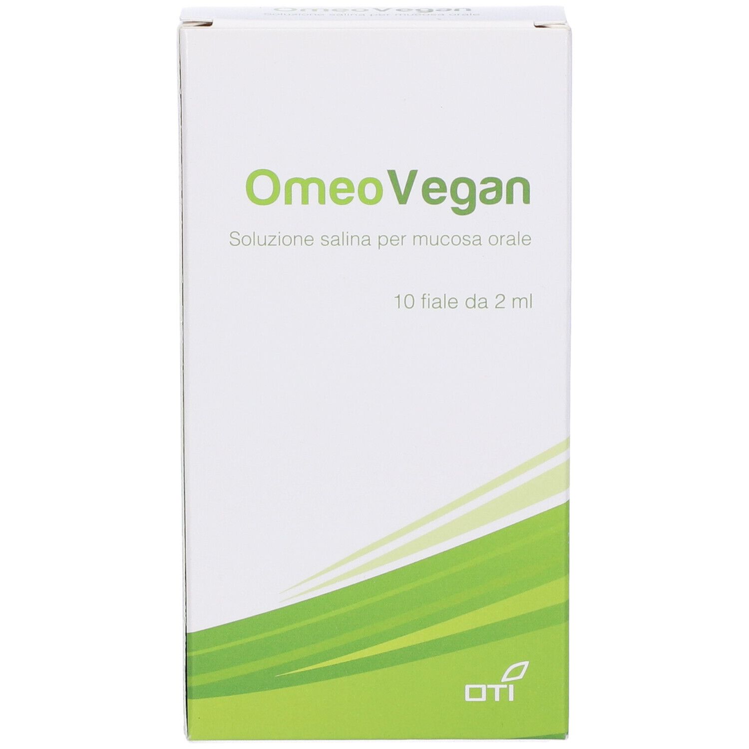 Confezione OmeoVegan. Scatola bianca con design verde. Testo: 10 fiale da 2 ml. Logo OTI.
