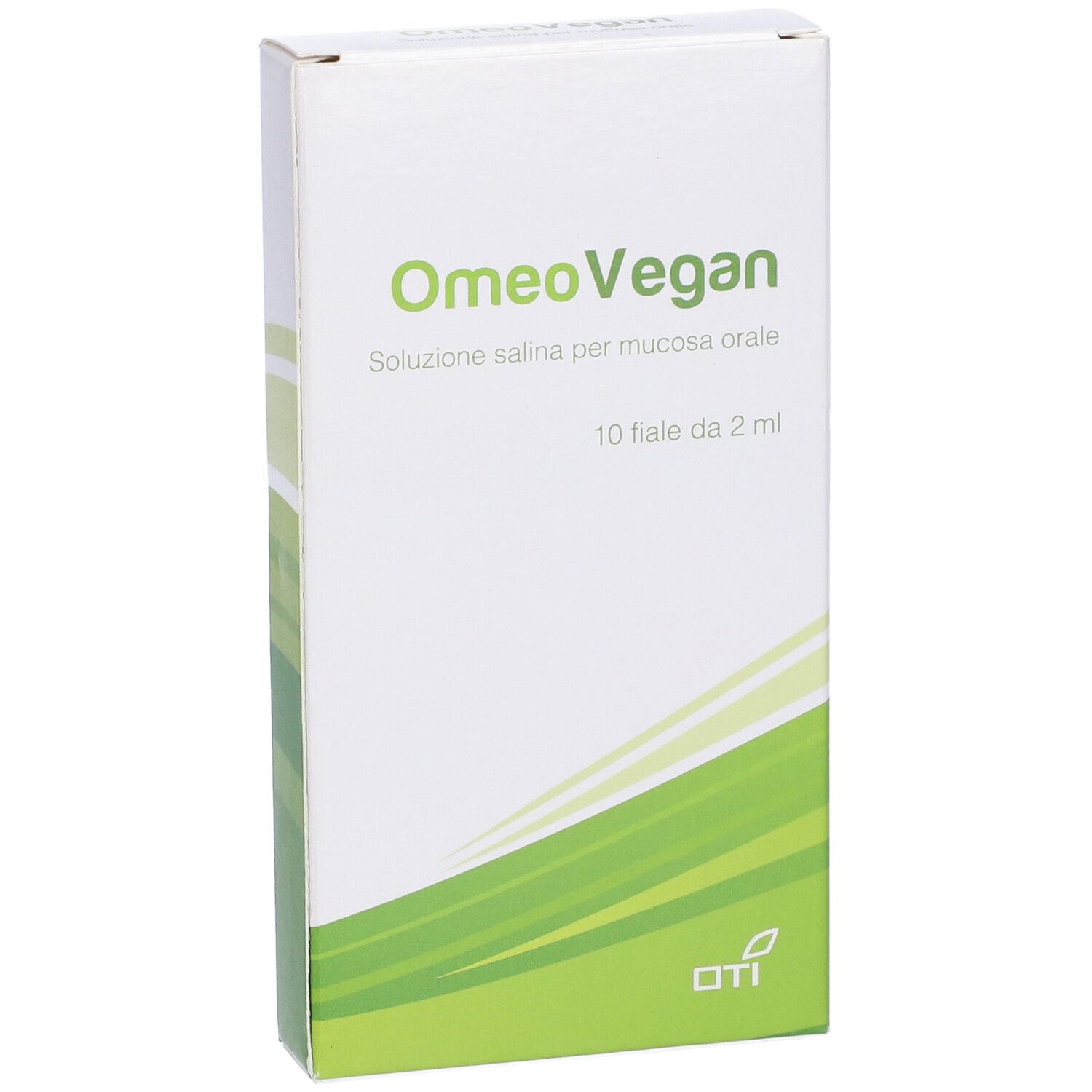 Confezione OmeoVegan. Scatola bianca con design verde. Testo: 10 fiale da 2 ml. Logo OTI.