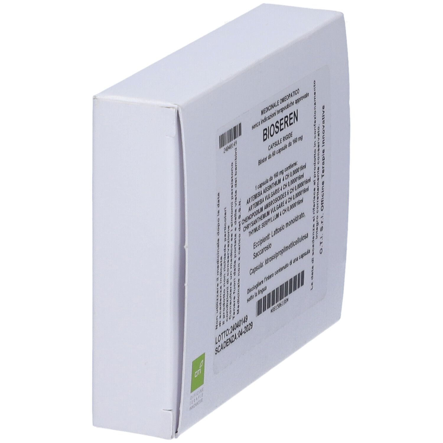 Scatola bianca, vista obliqua. Scritto: Bioseren, capsule. Contiene informazioni sul prodotto e data di scadenza.