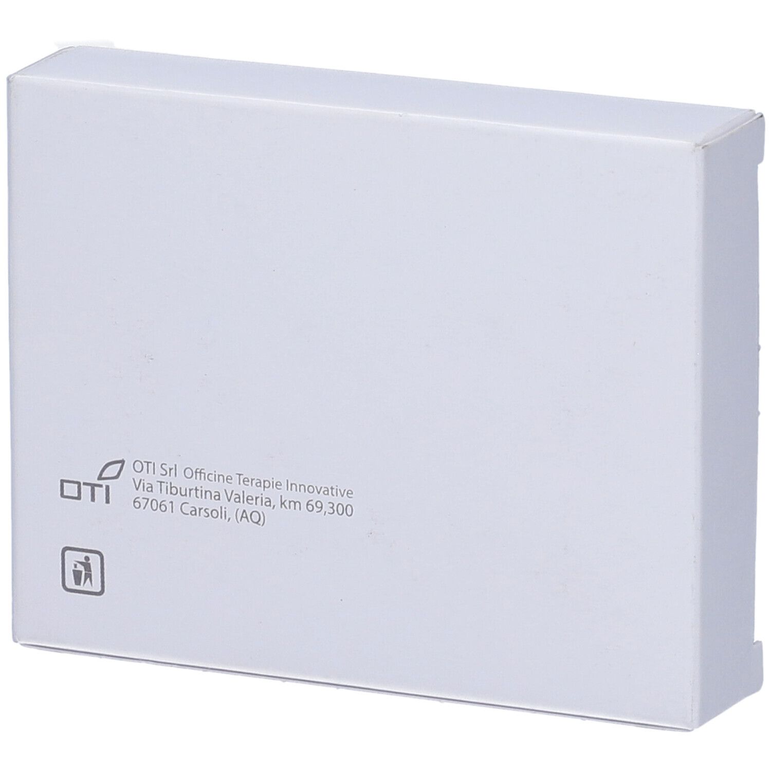 Scatola bianca con logo aziendale e indirizzo. Scritto: OTI Srl. Indirizzo e simbolo di riciclaggio.